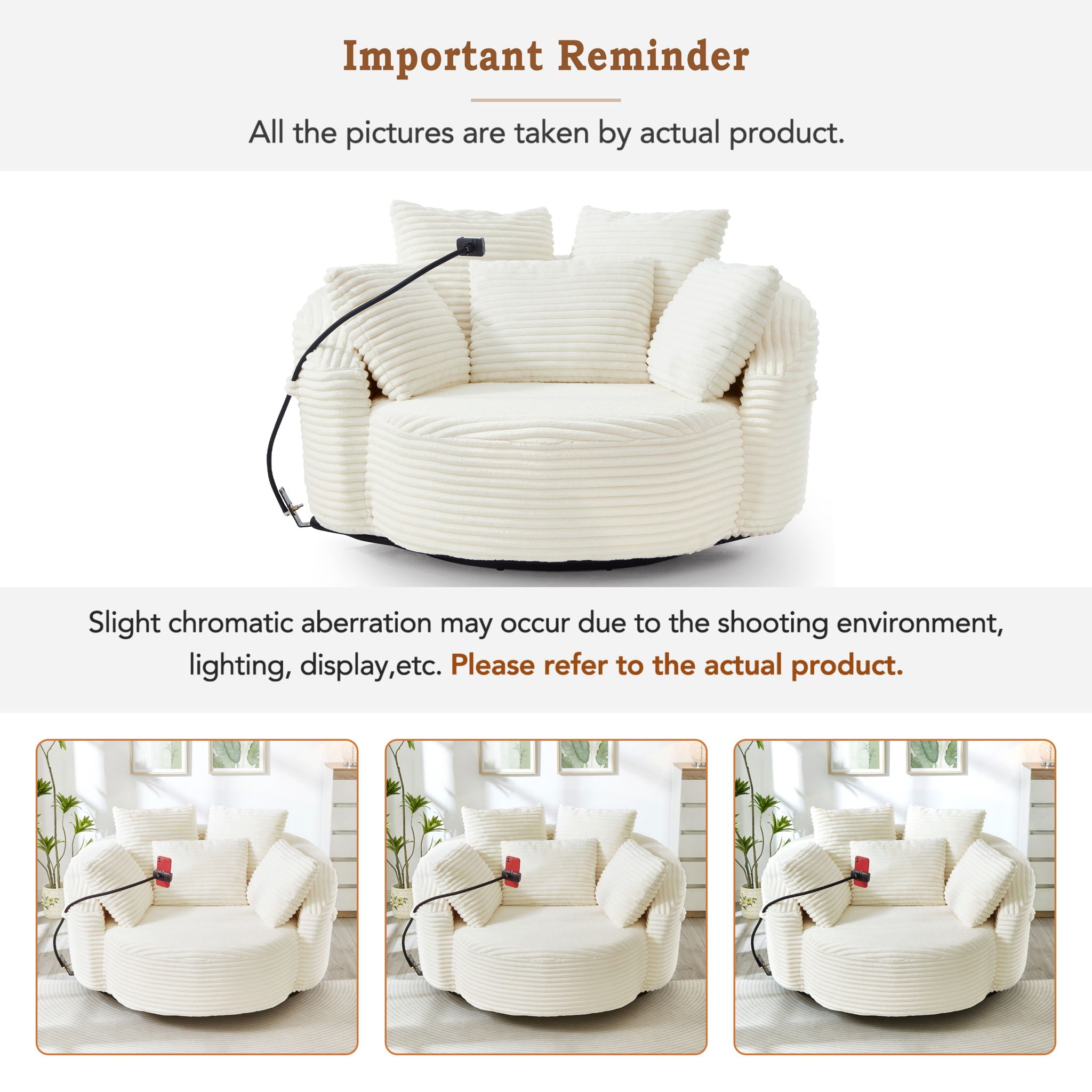 Swivel Accent Barrel Chair With Adjustable Phone Holder, 5 Pillows For Living Room