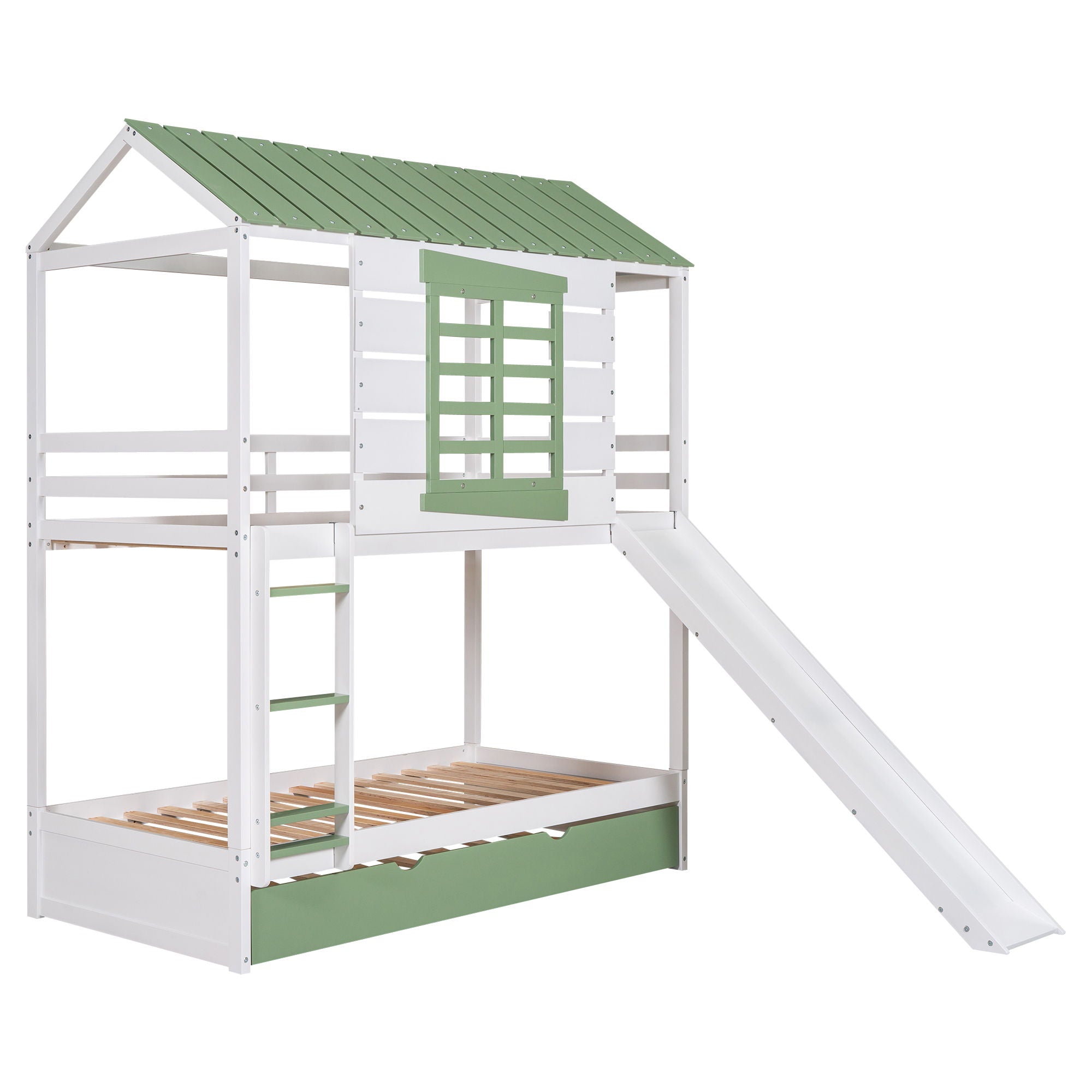 Twin Over Twin House Bunk Bed With Convertible Slide And Trundle - White