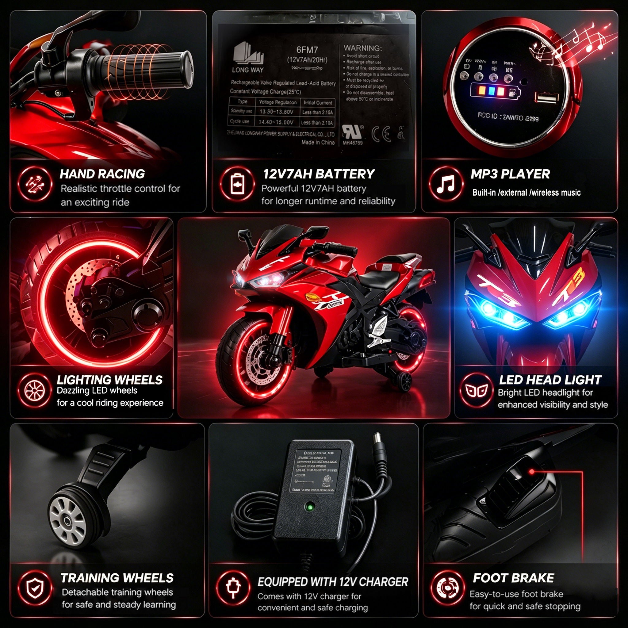 Kids 12V Motorcycle With Training Wheels, Manual Throttle, And Lighting Wheels For Boys And Girls Ages 3-6 - Red