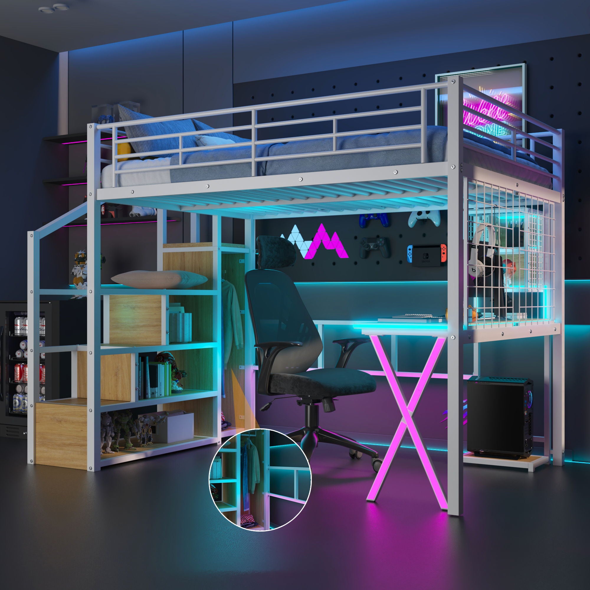 Loft Bed With Built In Work Station, Wardrobe, Storage Staircase And LED