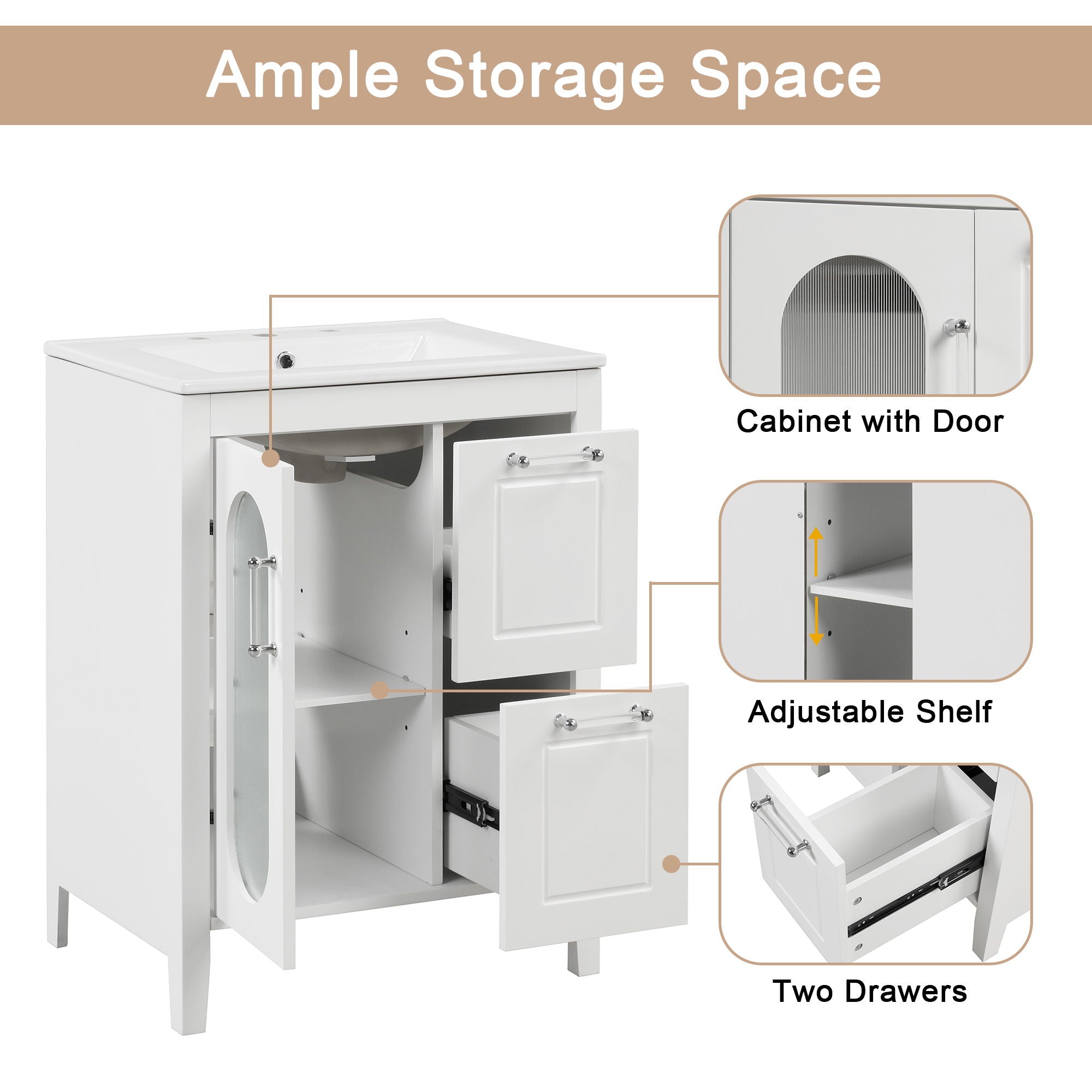 Modern Bathroom Vanity With Sink, Cabinet With 2 Drawers And Door, Adjustable Shelf
