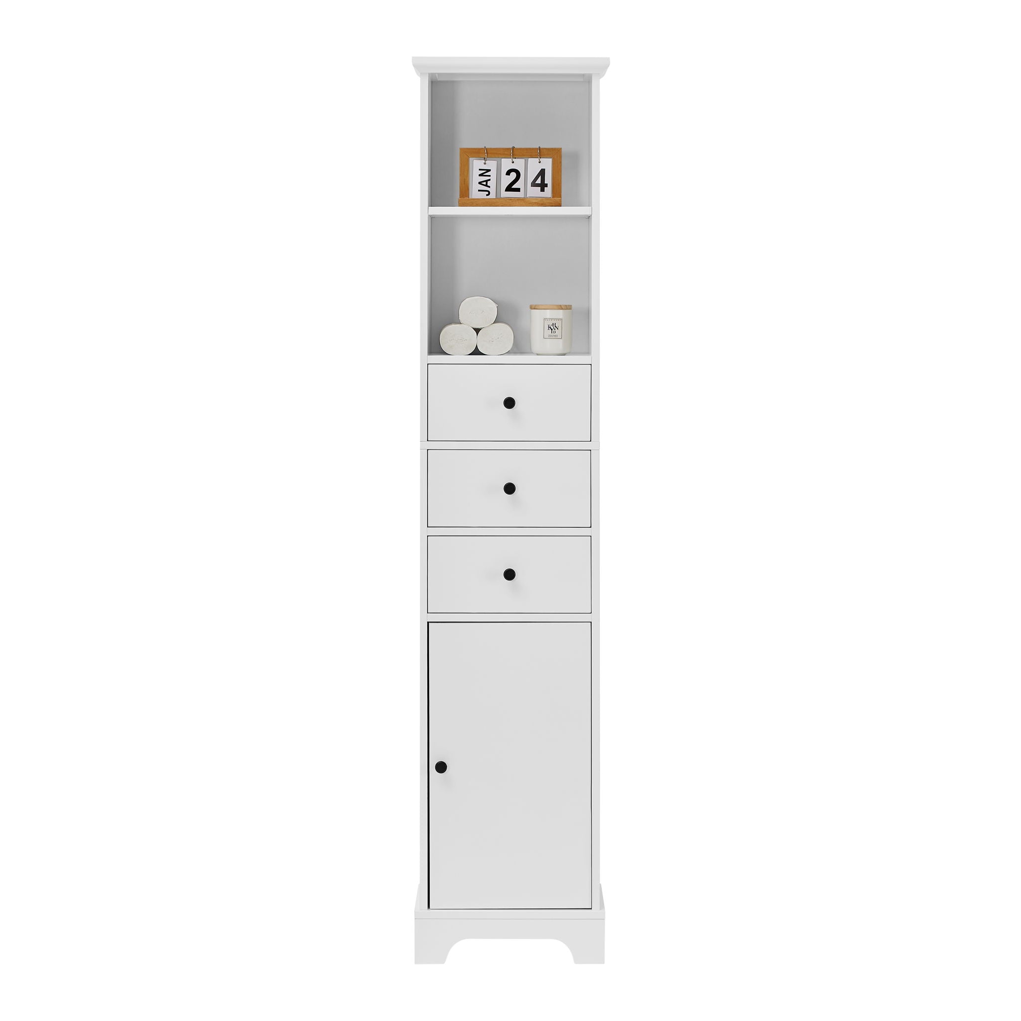 Tall Storage Cabinet With 3 Drawers And Adjustable Shelves For Bathroom