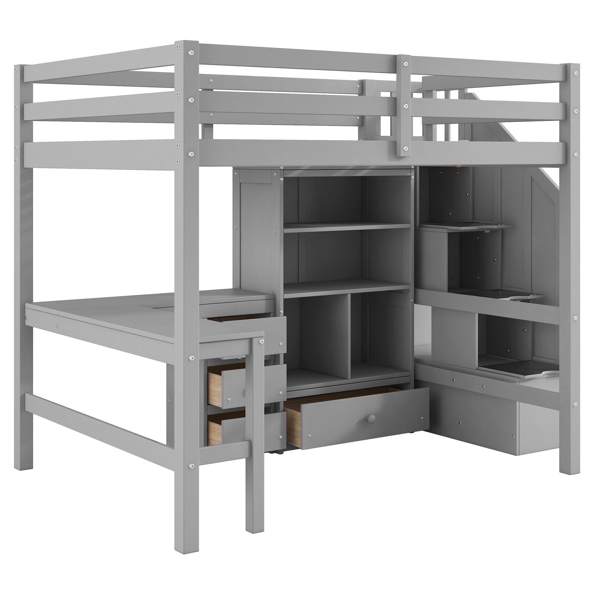 Loft Bed & L Shaped Desk, Drawers, Cabinet, And Storage Staircase