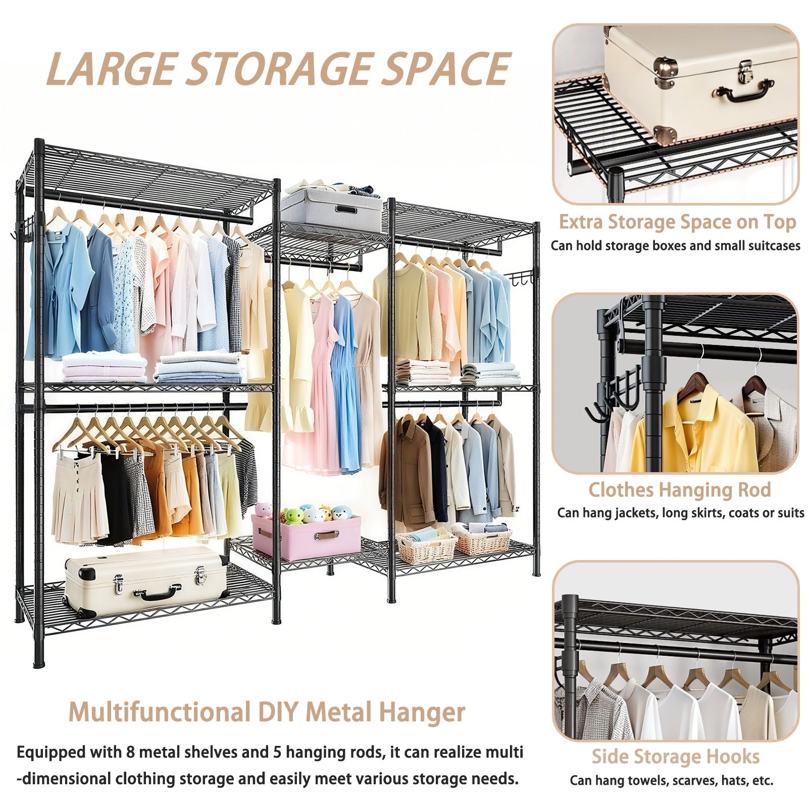 Heavy Duty Garment Rack With 8 Adjustable Wire Shelves And 5 Clothes Rails, Freestanding Closet Organizer Metal - Black