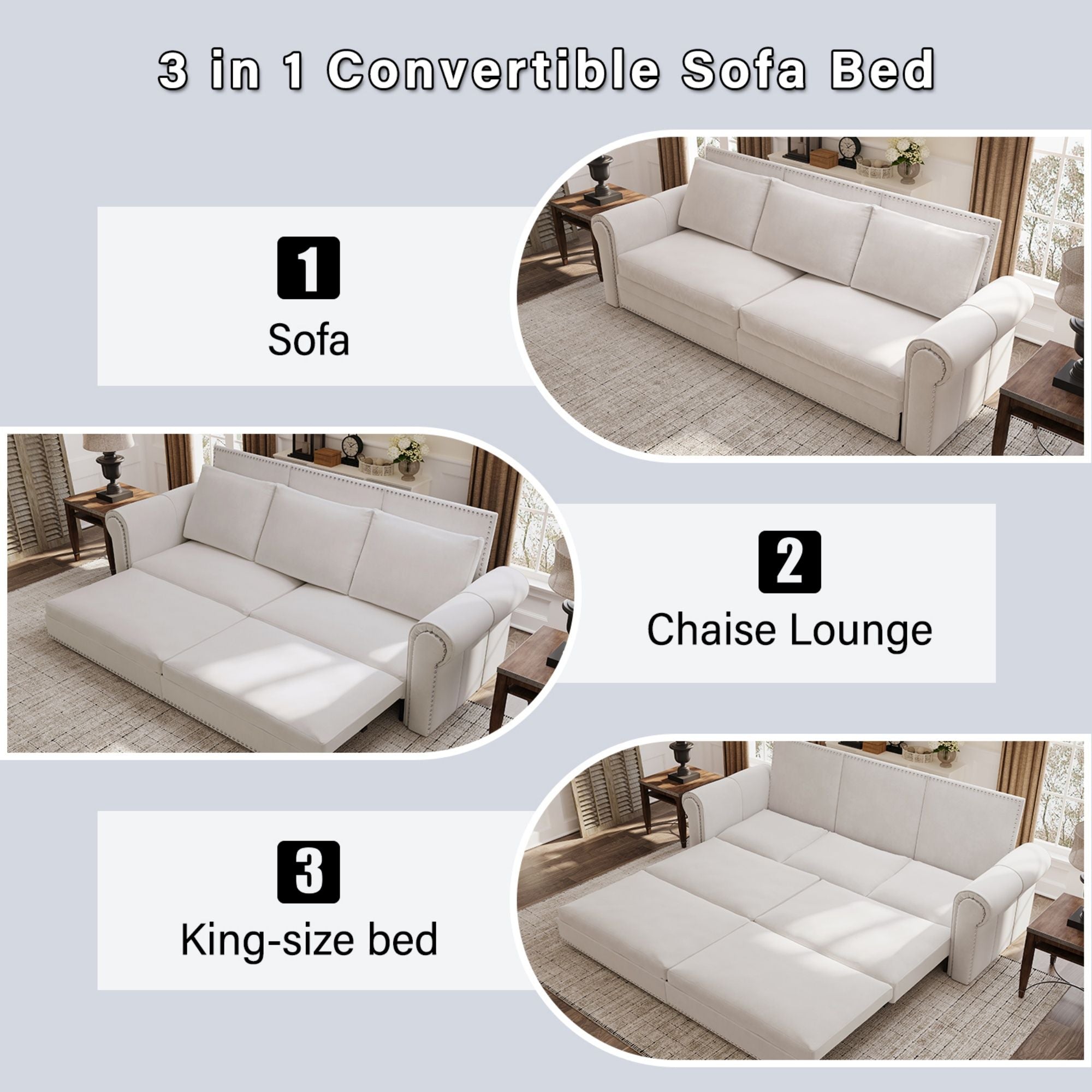 Pull Out Sofa Bed 3 In 1 Convertible Sleeper Sofa With Nailhead Trim & Rolled Arm, Multi Functional