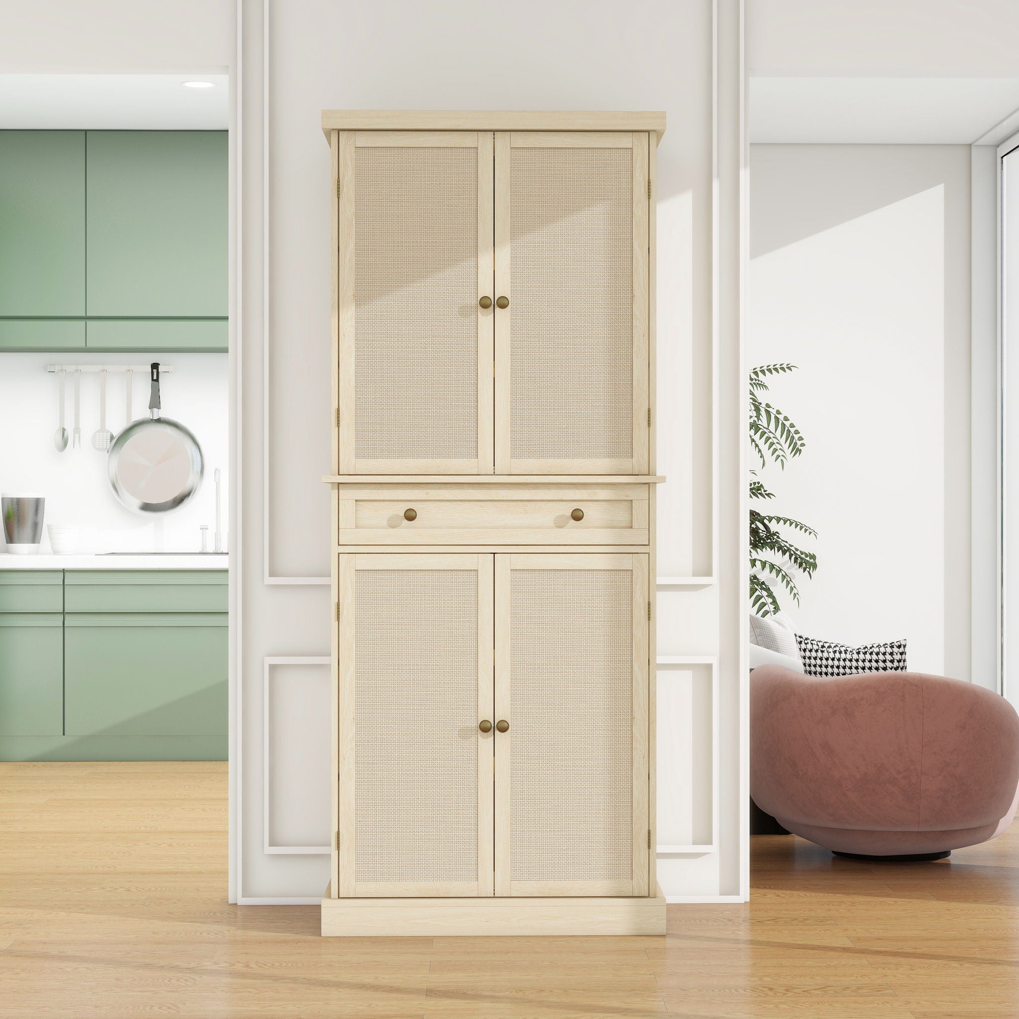 4 Door Storage Cabinet With 1 Drawer And 4 Adjustable Inner Shelves - Natural