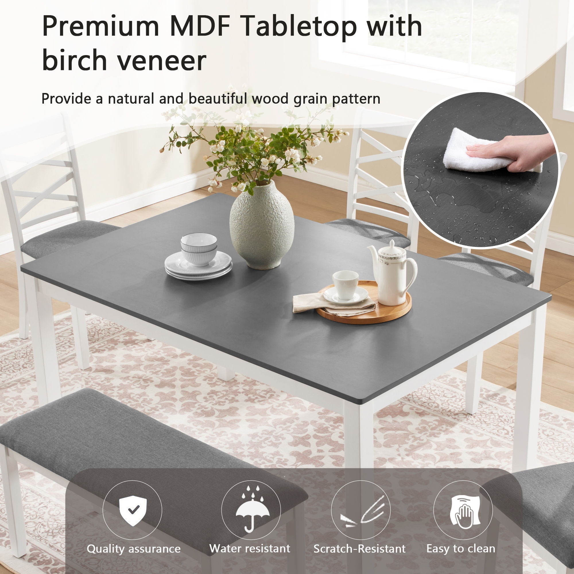 Elegant 6 Piece Dining Table Set With 4 Chairs And Bench
