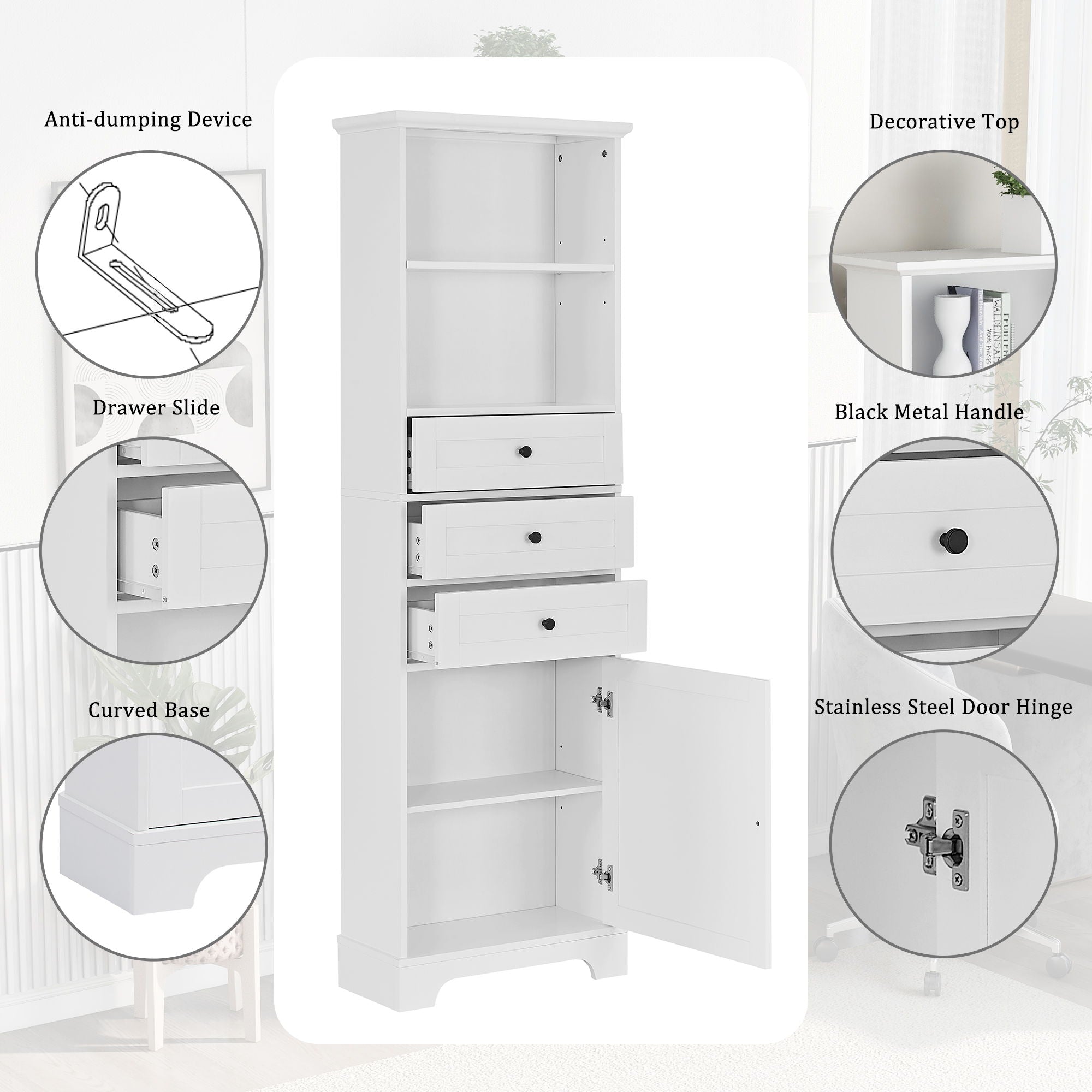 Tall Storage Cabinet With 3 Drawers And Adjustable Shelves For Bathroom