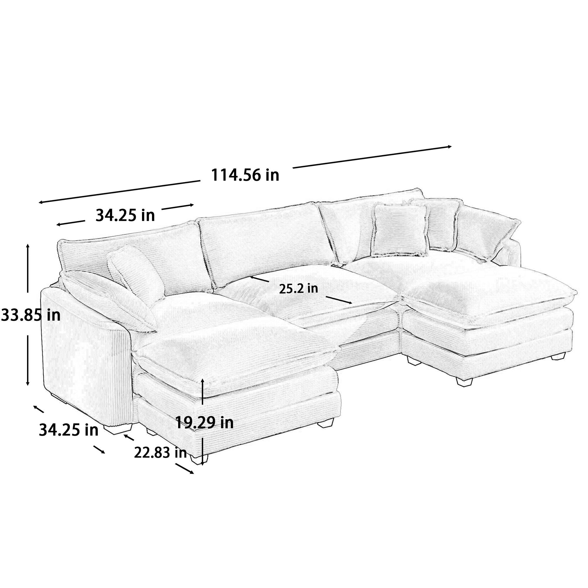 Oversized Modular Cushion Sofa With Ottoman, Low Back, Deep Seating Sofa Set