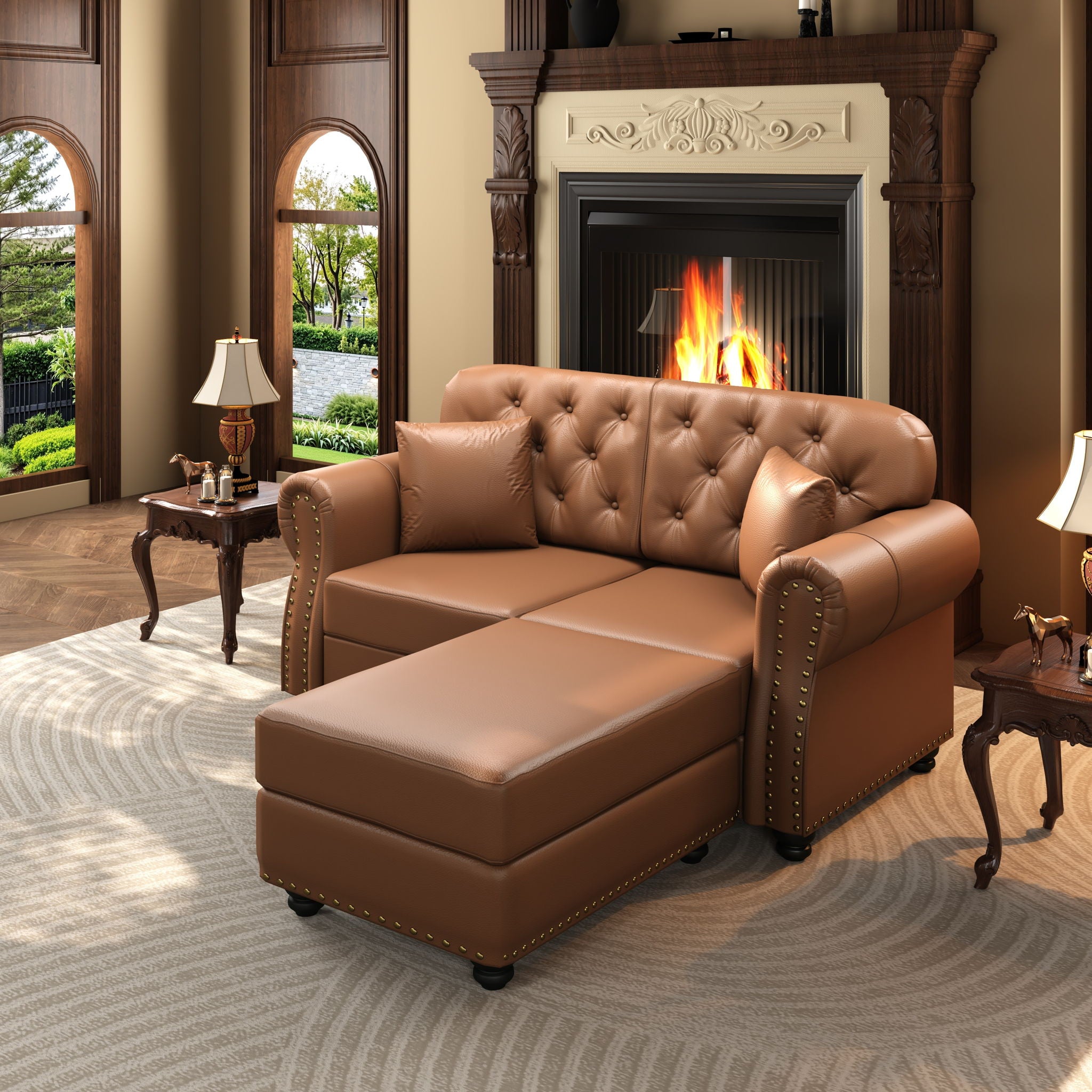 Upholstered Sofa With Nailhead Trim, Rolled Armrests With Ottoman