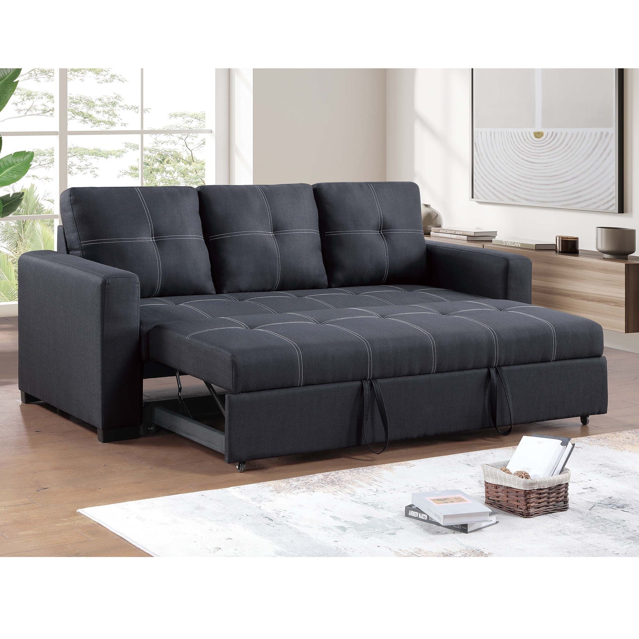Sectional Sofa Pull Out Bed Upholstered Tufted Convertible Couch - Black