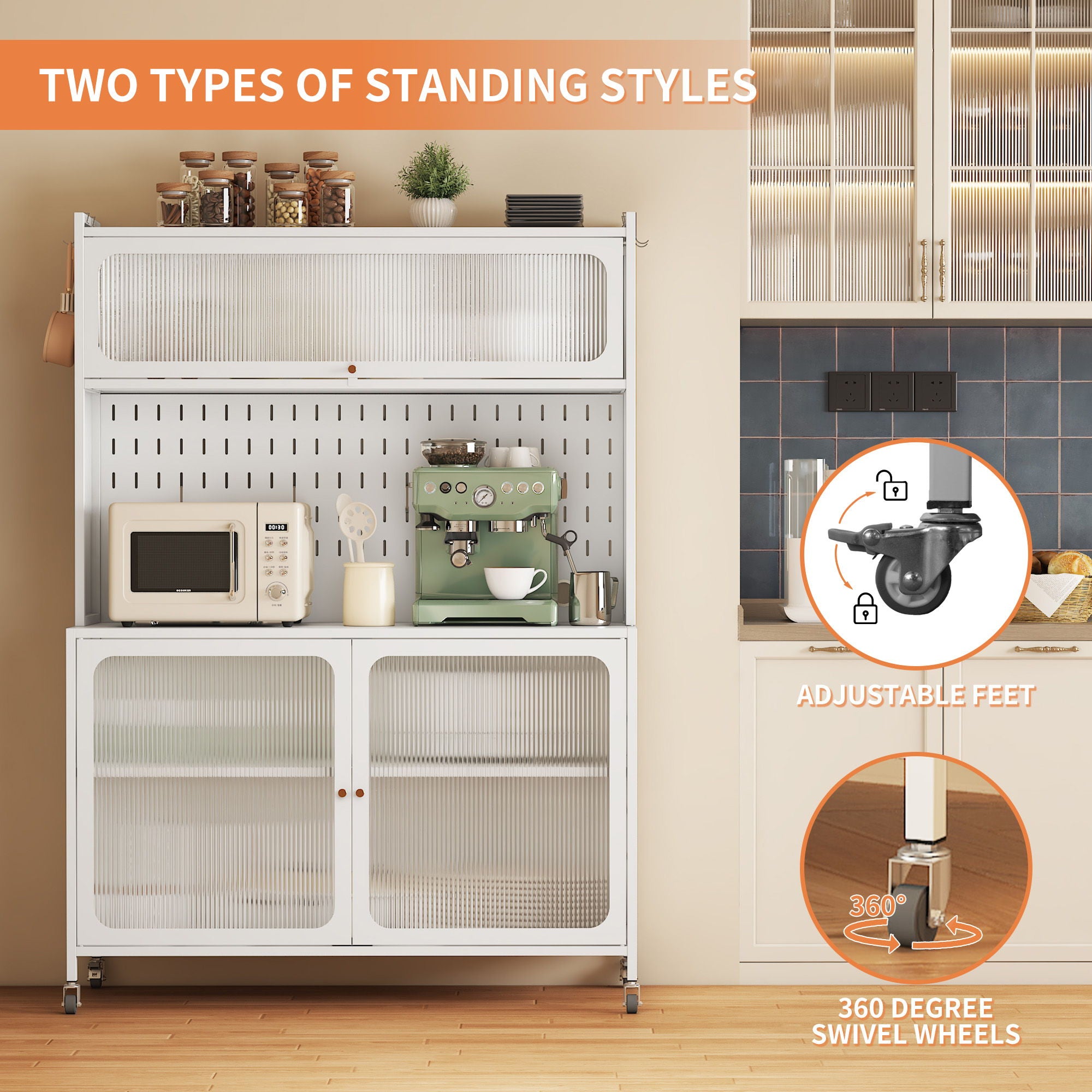 Contemporary Kitchen Pantry Cabinet With Glass Doors, Adjustable Shelves, Steel - Brushed Nickel