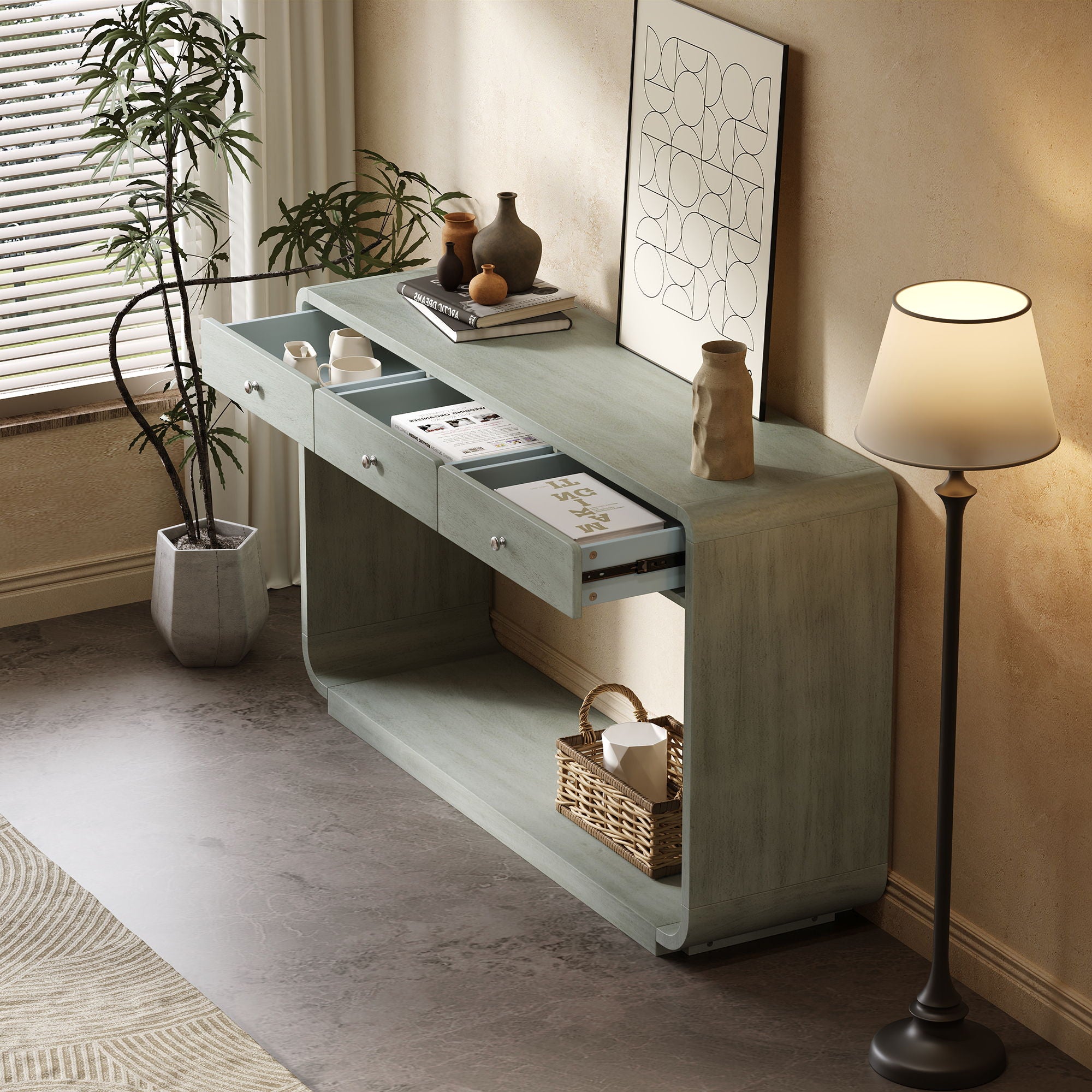 onsole Table With 3 Drawers And Display Shelf