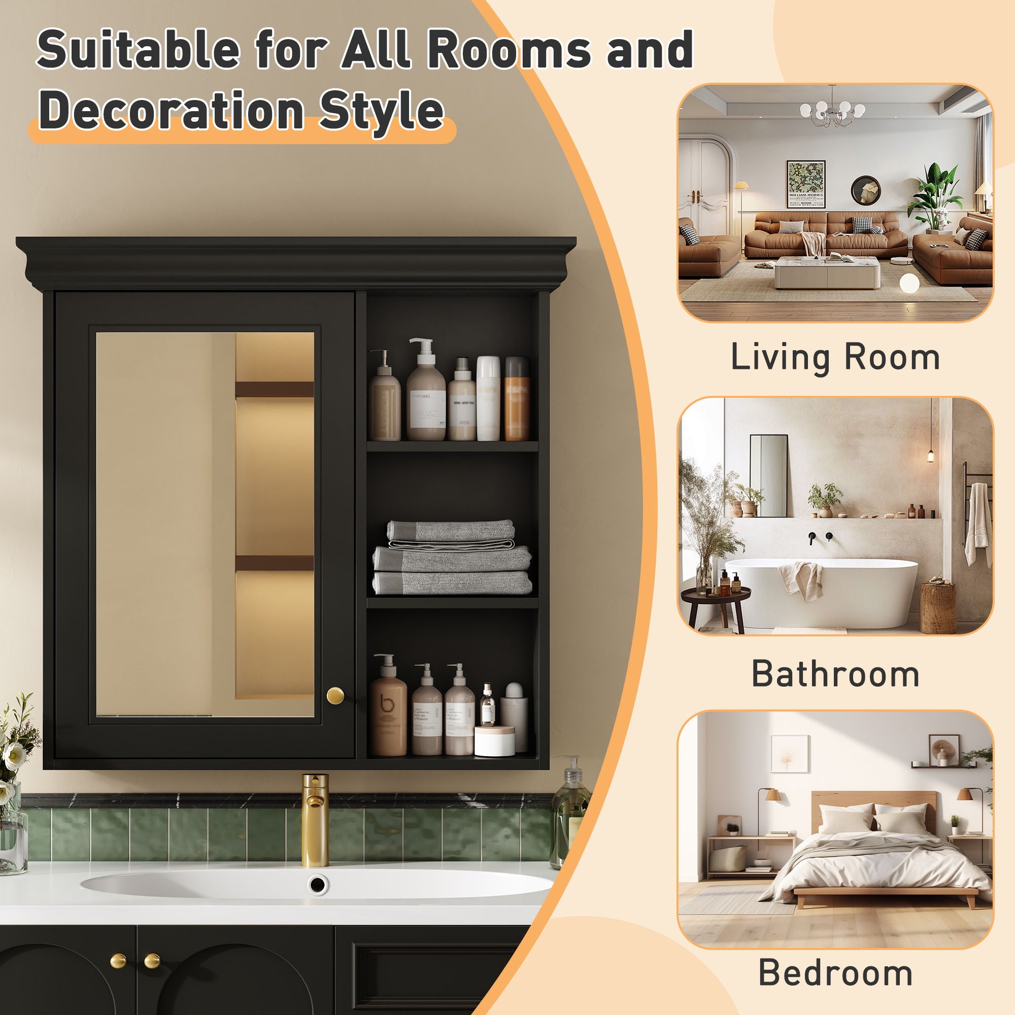 Wall Mounted Bathroom Medicine Cabinet With Mirror And Adjustable Storage With Soft Close Hinges