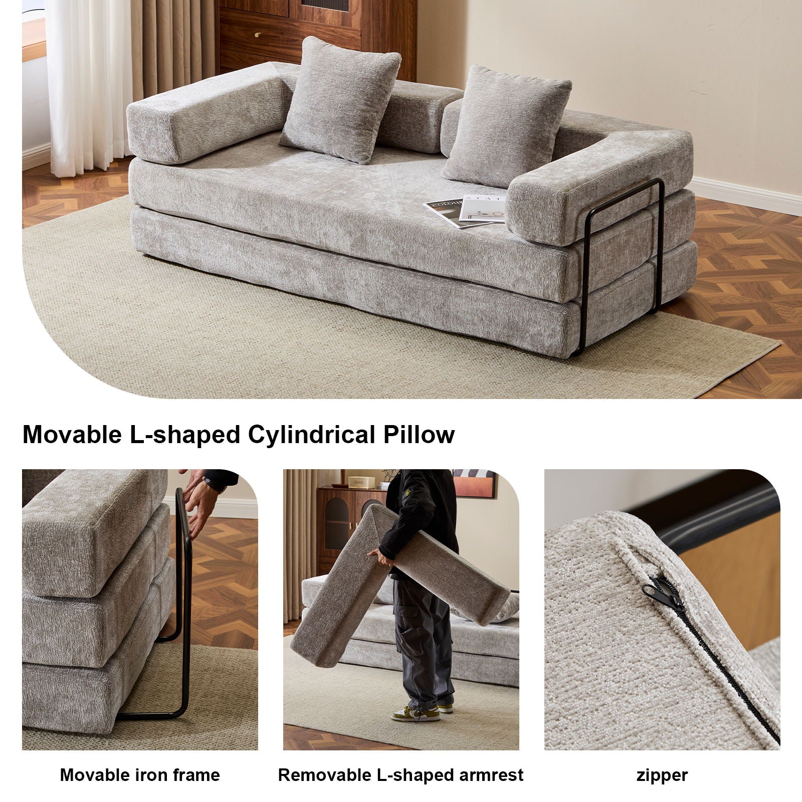 Convertible Floor Sofa Bed With Pillow Back Support Armrest
