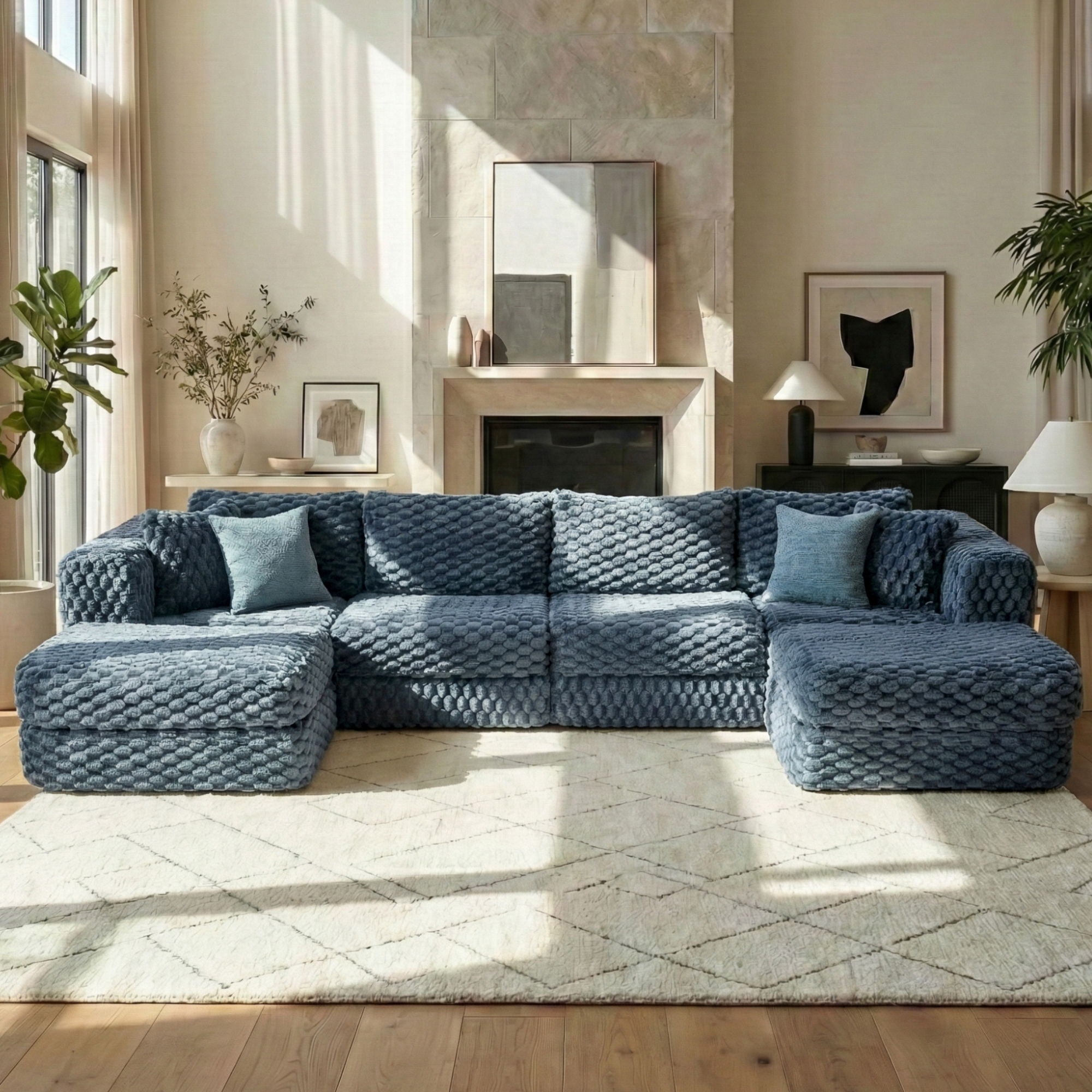 Modular Sectional Sofa, Boneless Couch With 2 Movable Ottomans