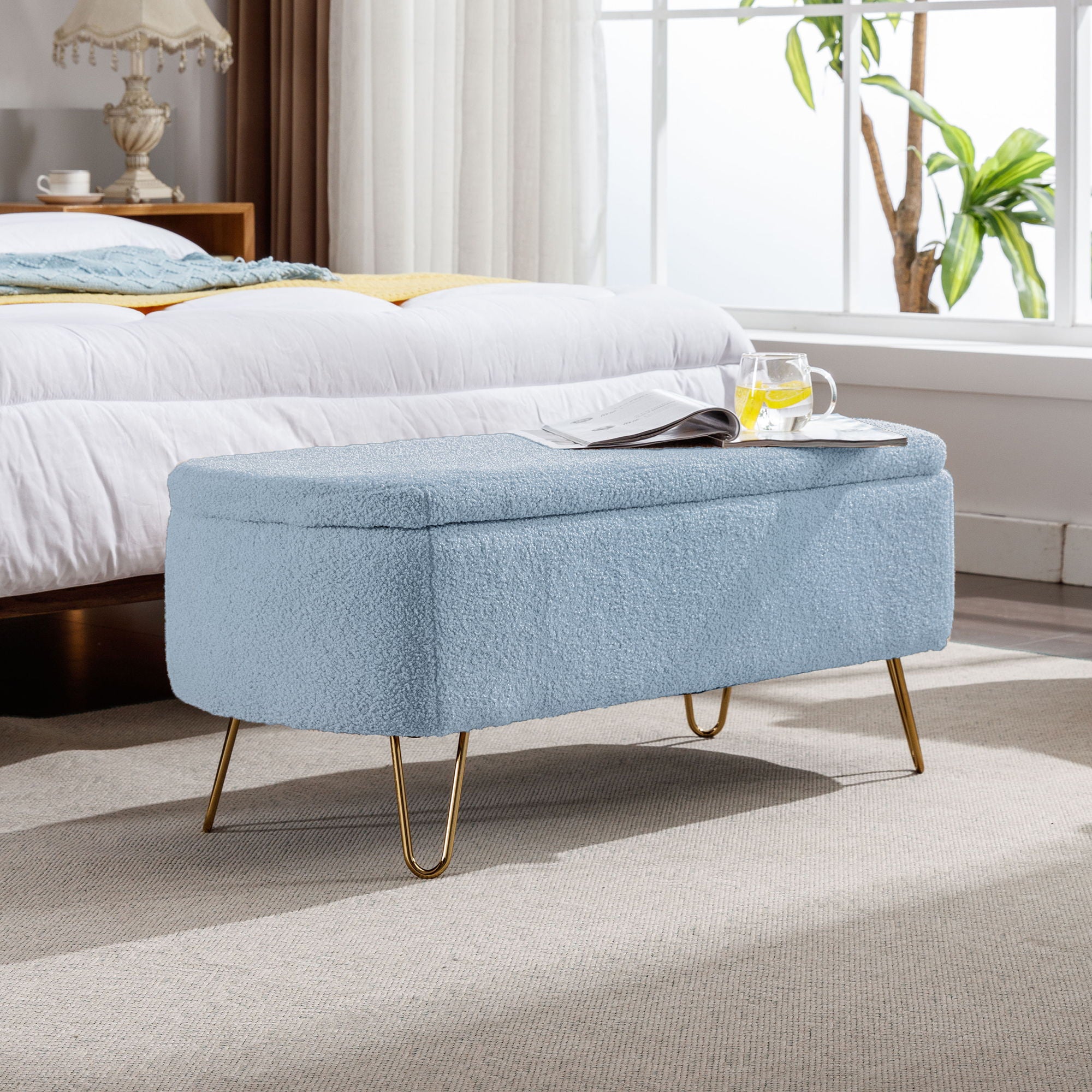 Storage Ottoman Bench For End Of Bed Legs, Modern Camel Faux Fur Entryway Bench Upholstered Padded With Storage For Living Room Bedroom