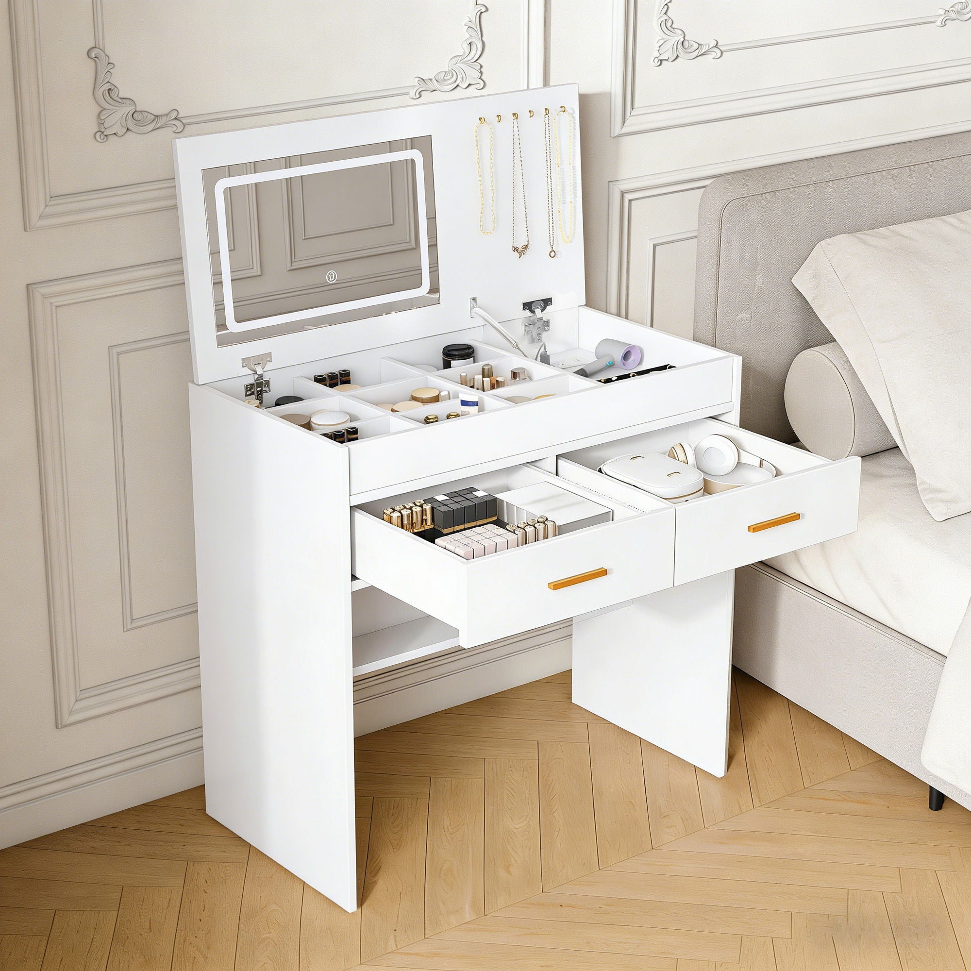 Flip Top Vanity Desk With LED Mirror & Outlet Makeup Table With 2 Drawers, Open Storage, And Jewelry Hooks - White