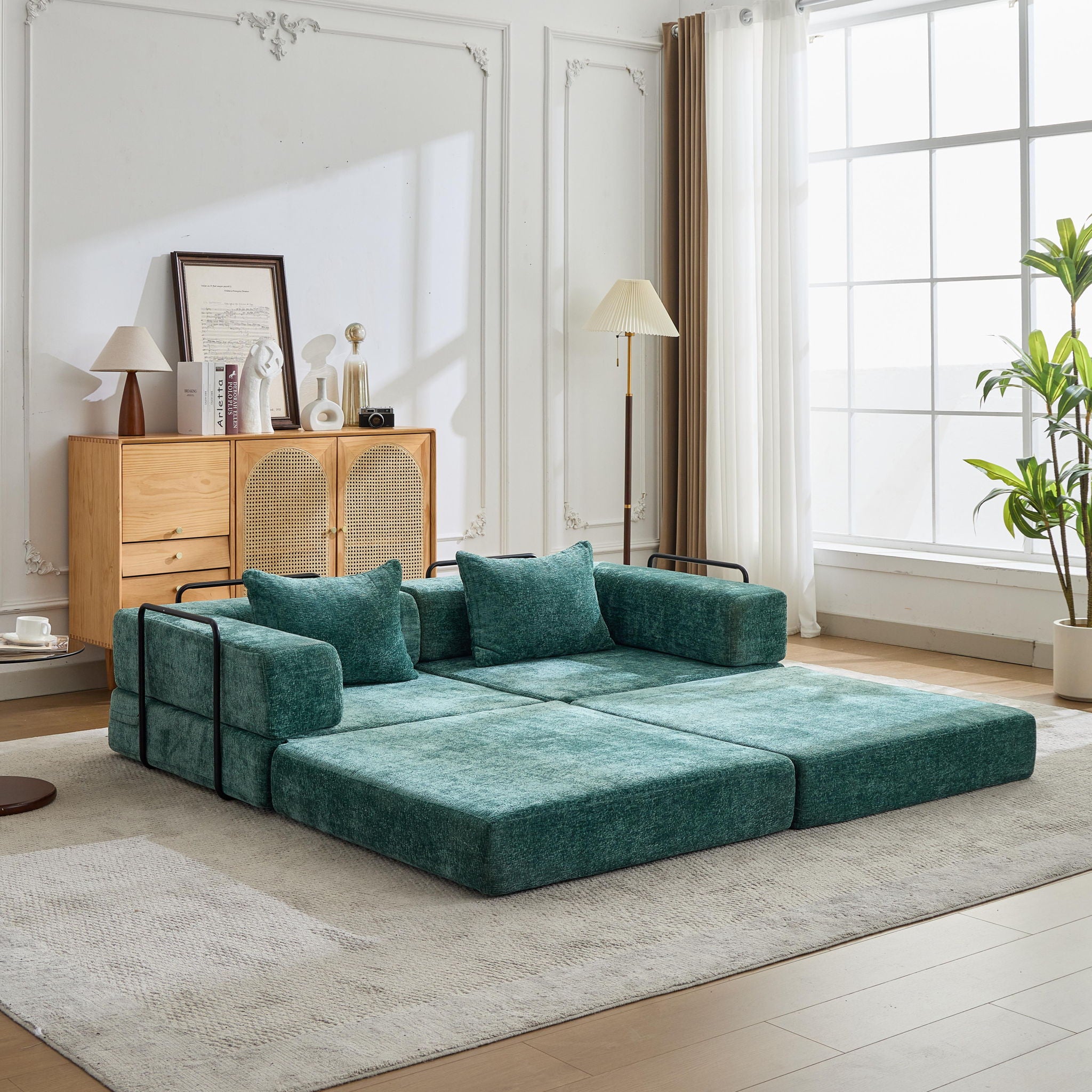 Convertible Floor Sofa Bed With Pillow Back Support Armrest