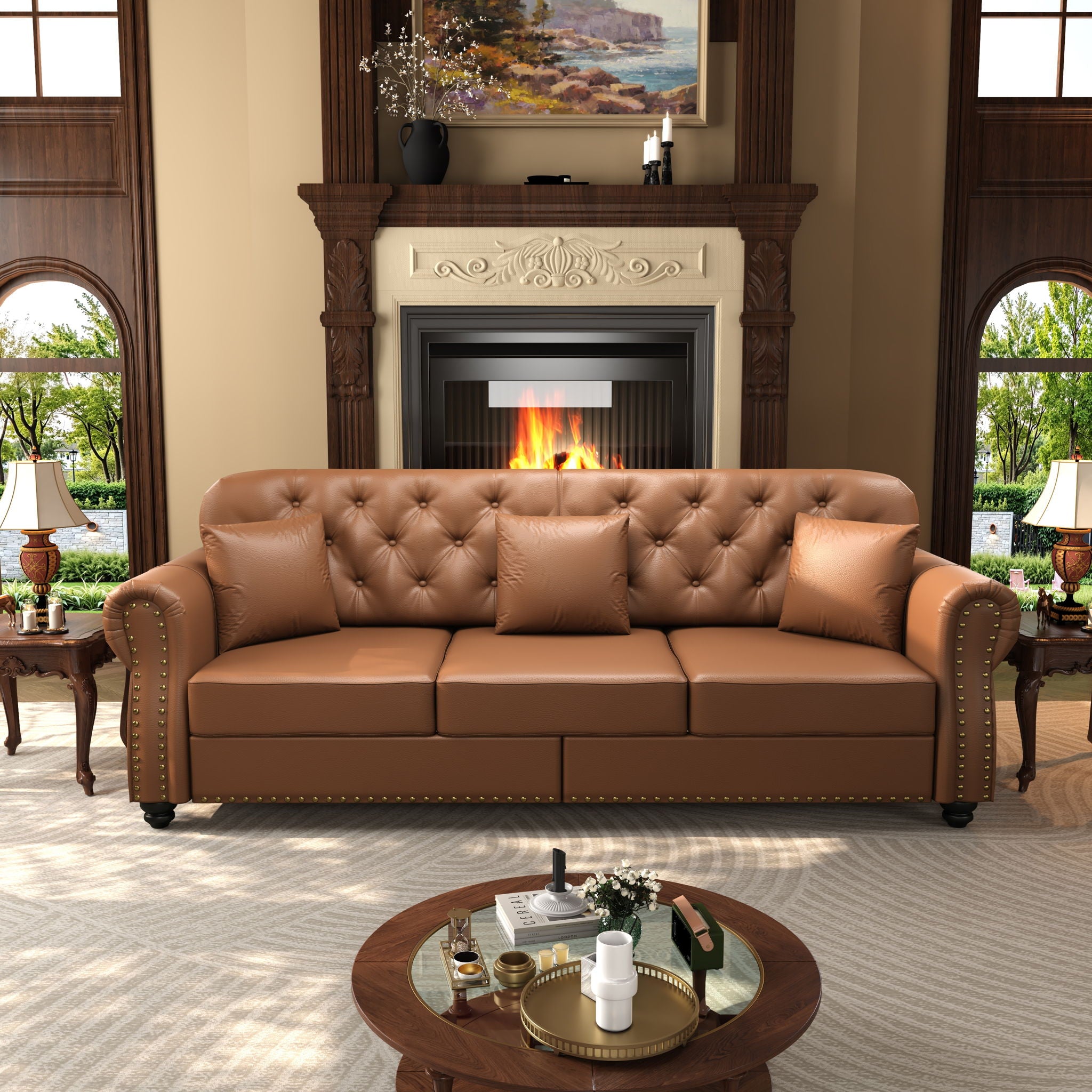 Upholstered Sofa With Nailhead Trim, Rolled Armrests With Ottoman