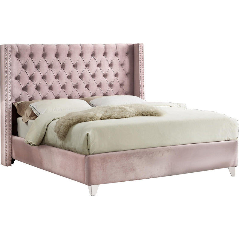 Meridian Aiden Pink Velvet Queen Bed IMAGE 1