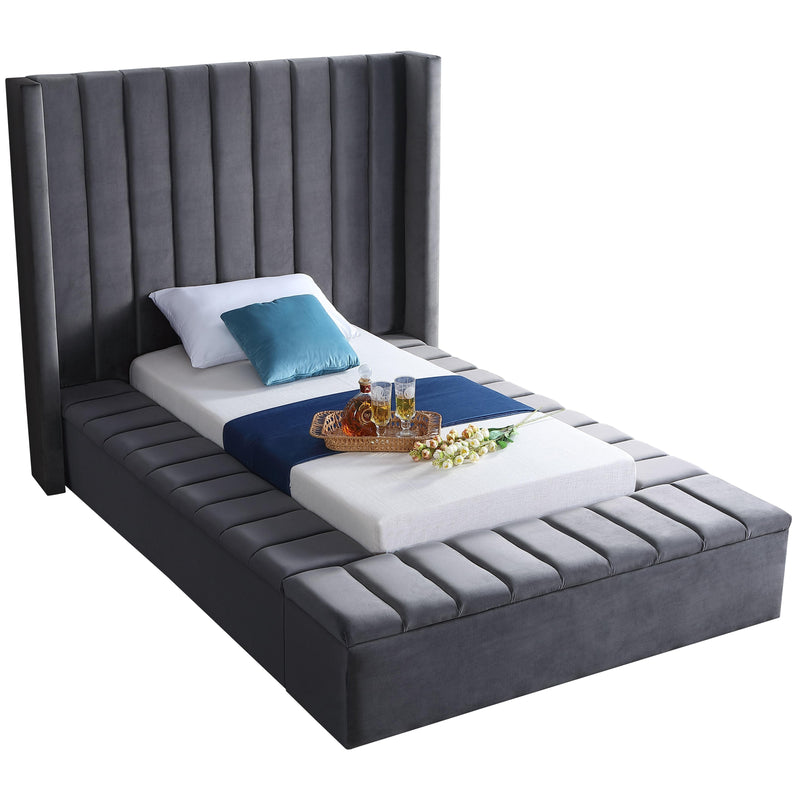 Meridian Kiki Grey Velvet Twin Bed (3 Boxes) IMAGE 1