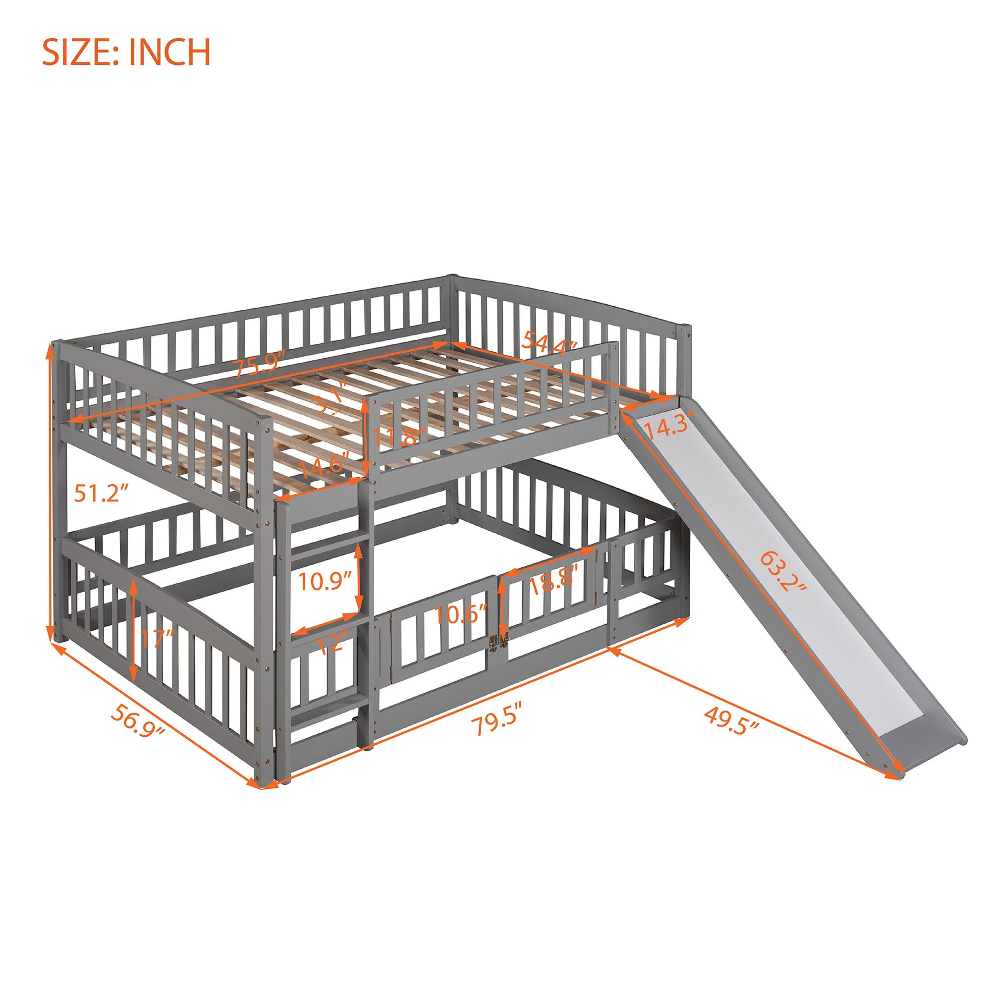 Low Bunk Bed With Slide, Fence And Ladder