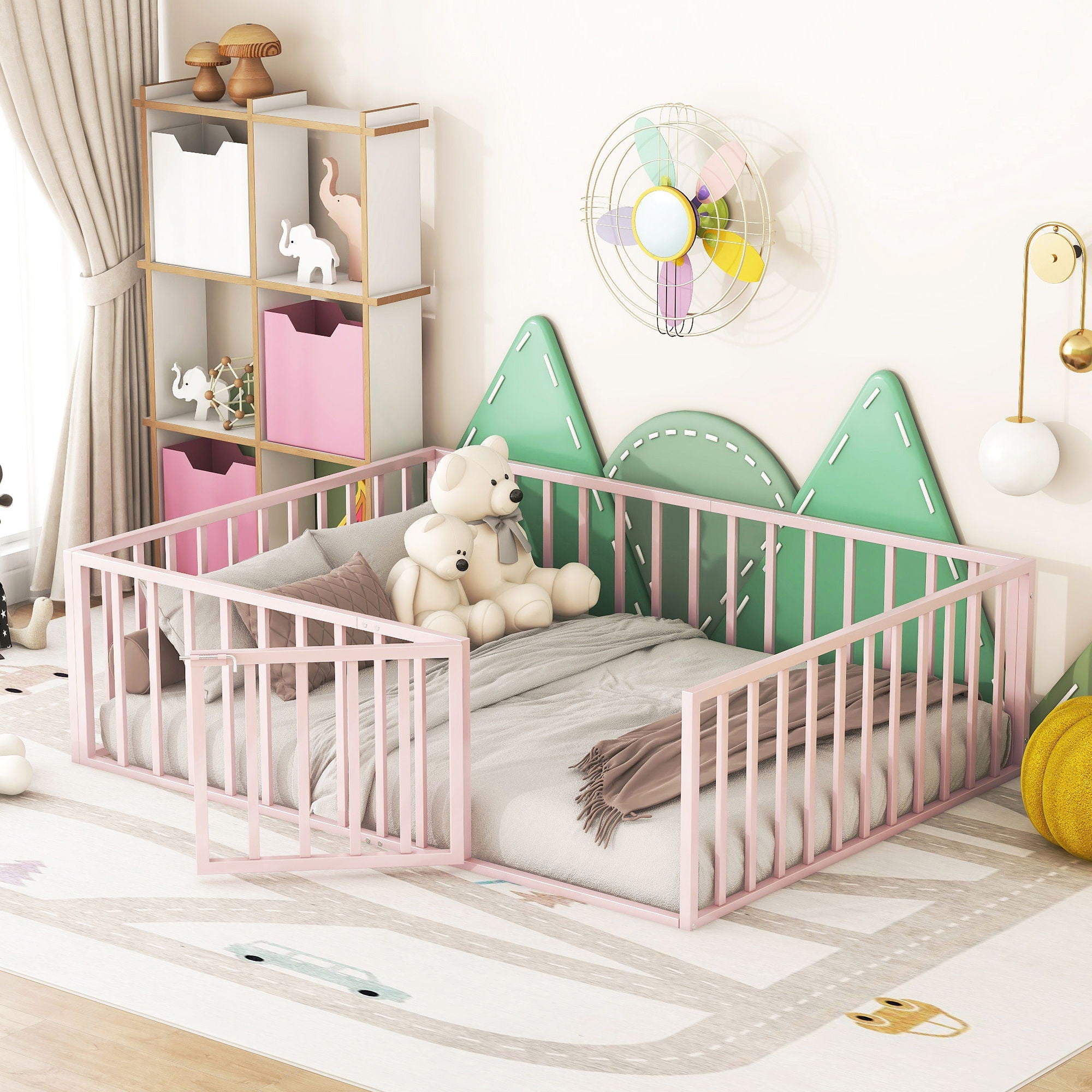 Metal Floor Bed Frame With Fence And Door