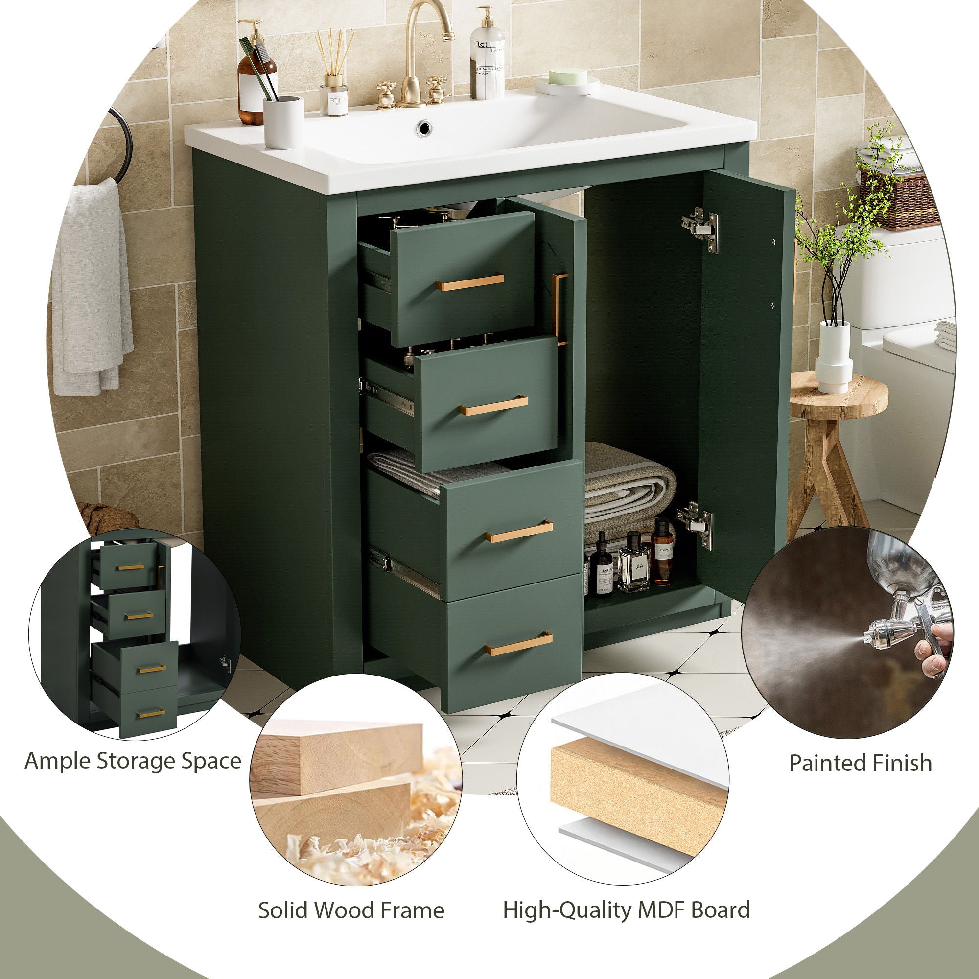 Ceramic Sink Combo, Freestanding Vanity Set With 3 Drawers & Soft Closing Doors