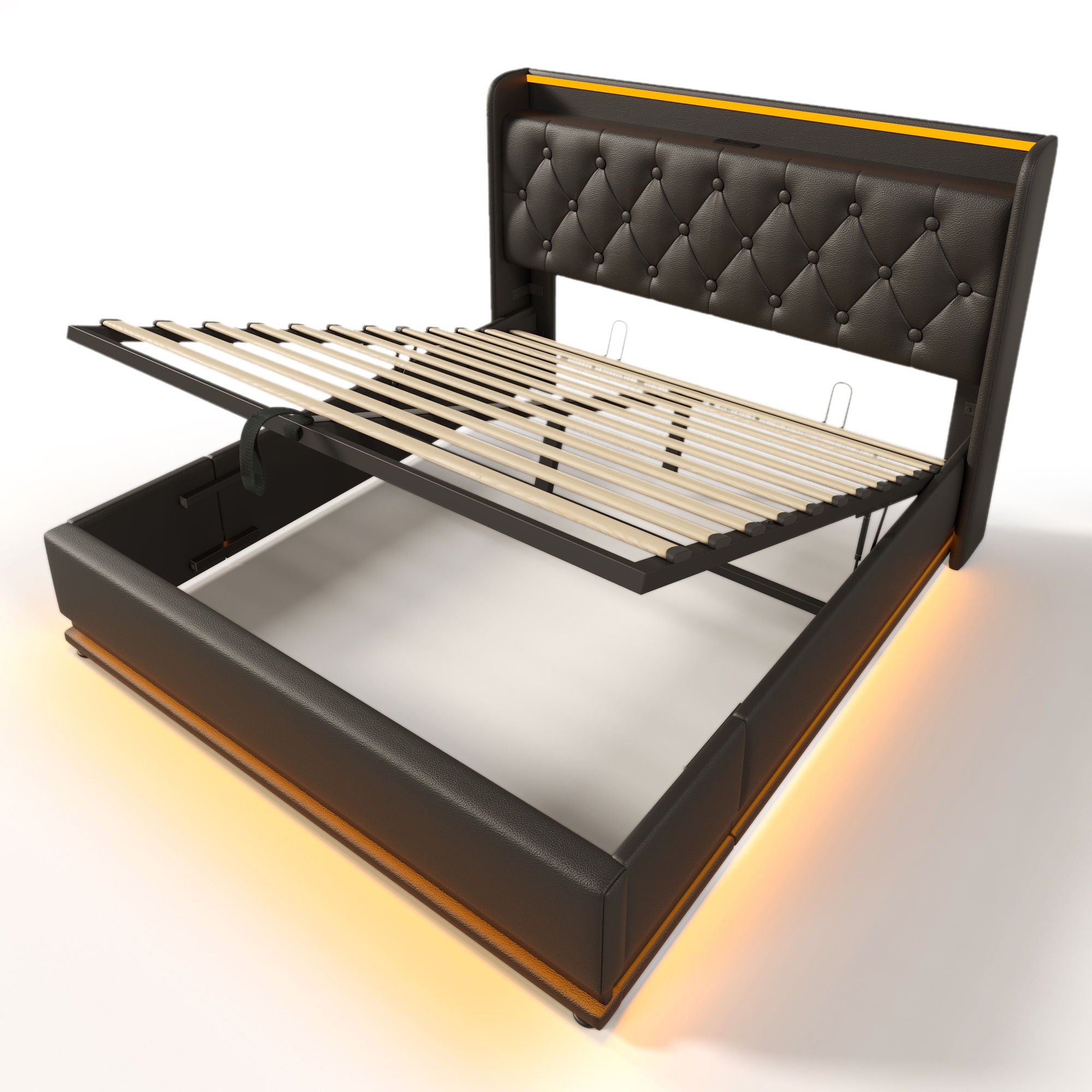 Upholstered Bed, 360 Surround LED Function, Remote Control, Hydraulic Storage Bed With USB, Type-C Charging (Without Mattress)