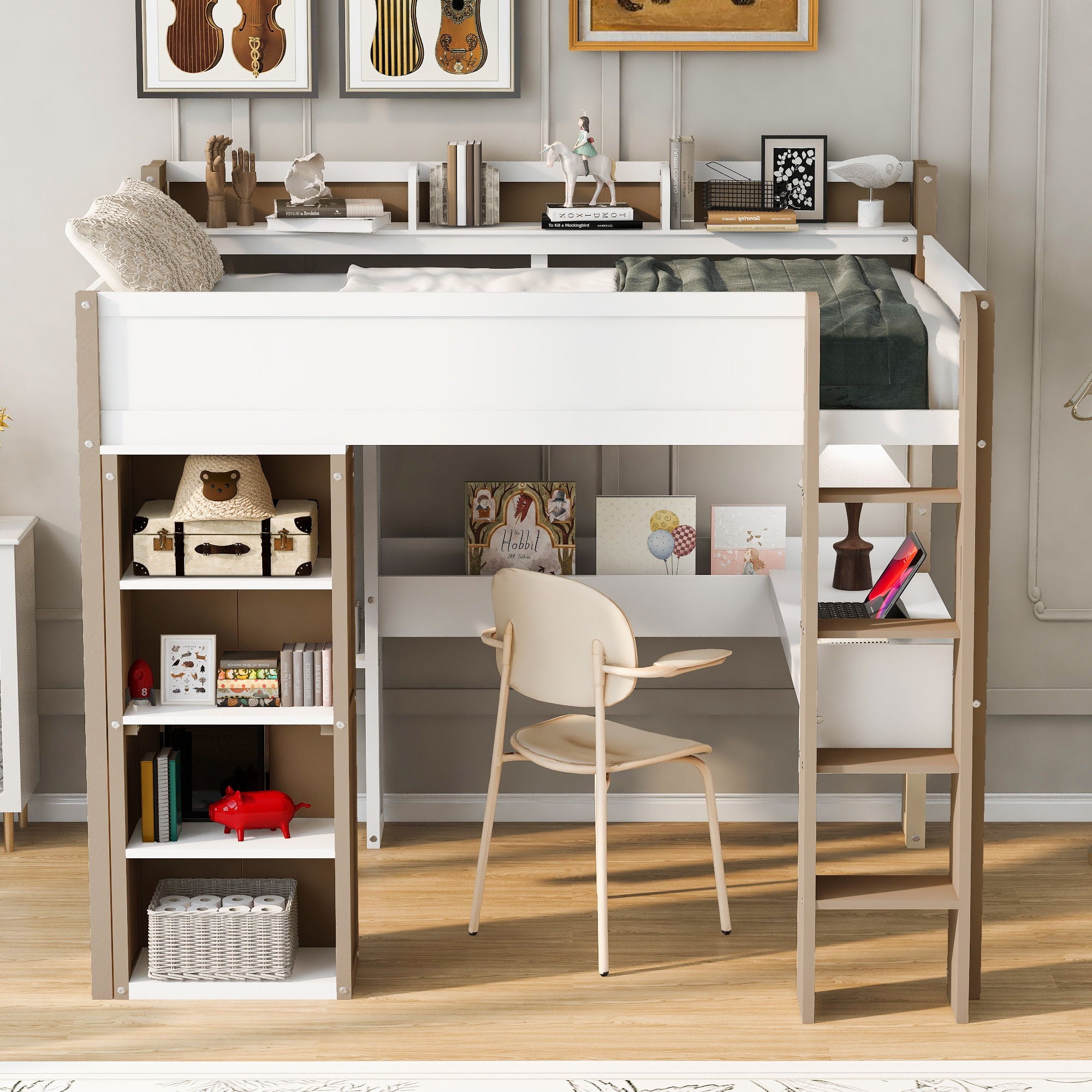 Loft Bed With Built In Storage Shelves, Clothes Rail, And Desk