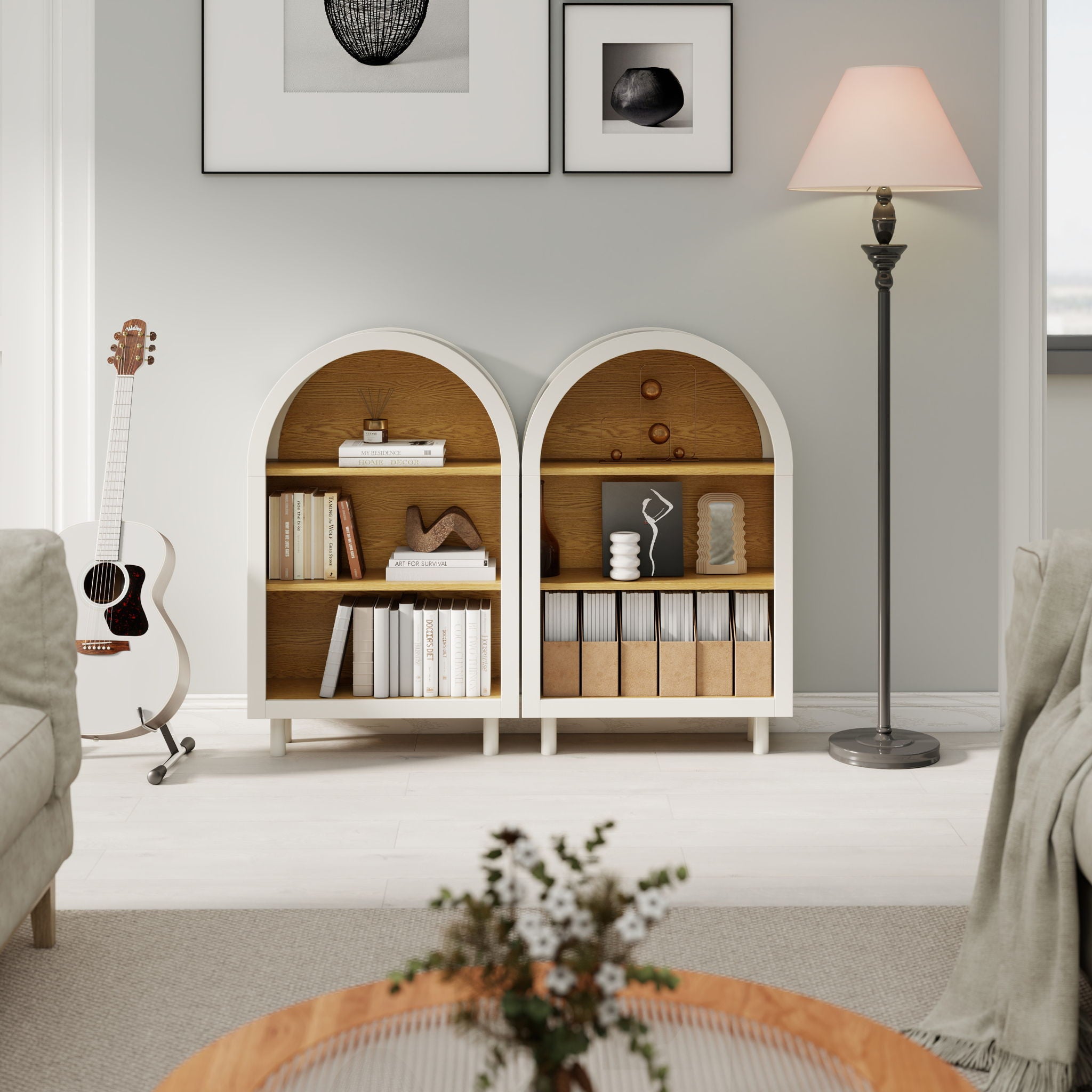 Arched Small Bookcase, Storage Cabinet, Bookshelf With 3 Shelves For Living Room - Oak / White