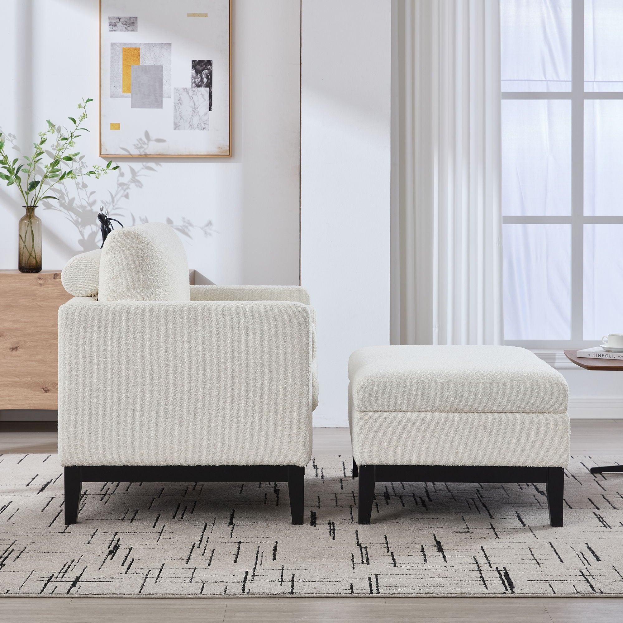 Farmhouse Upholstered Accent Chair With Ottoman, Reversible Lid Coffee Table