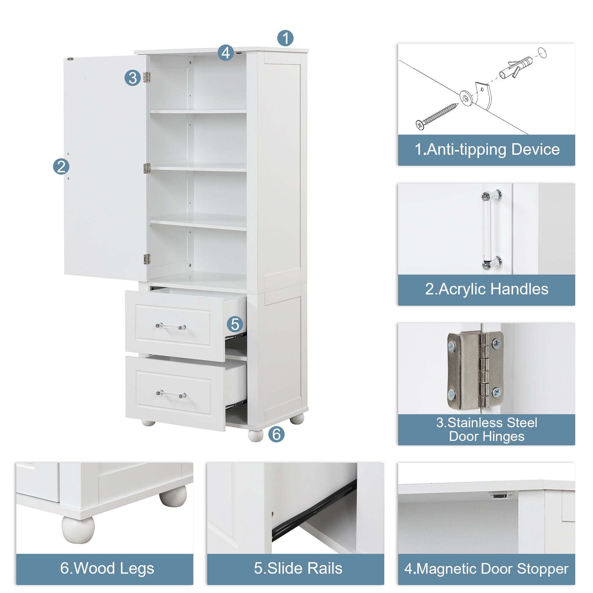 Tall Freestanding Bathroom Storage Cabinet With 2 Drawers And Adjustable Shelf