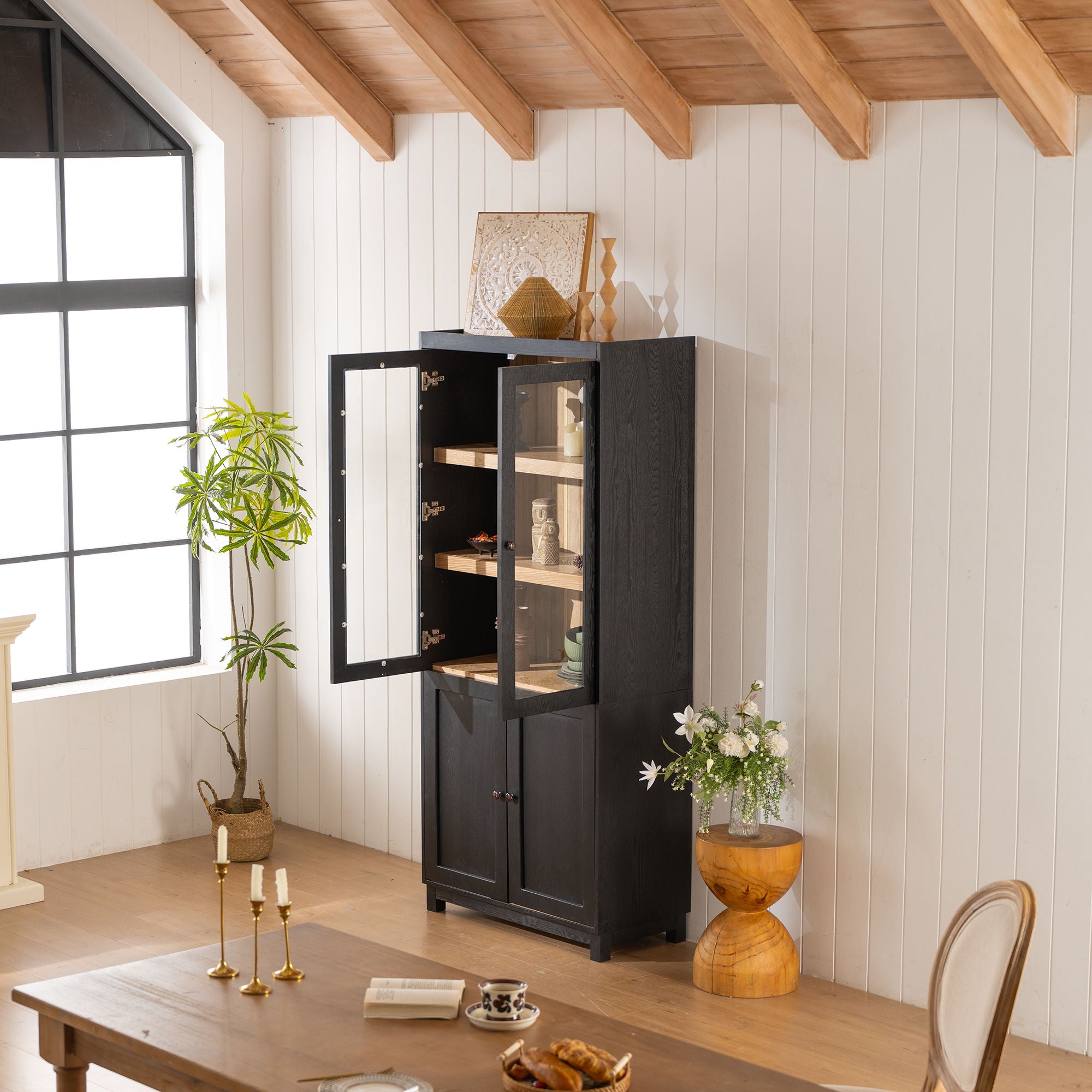 Mid Century Modern Style Tall Display Cabinet With Glass Doors For Collectibles - Black