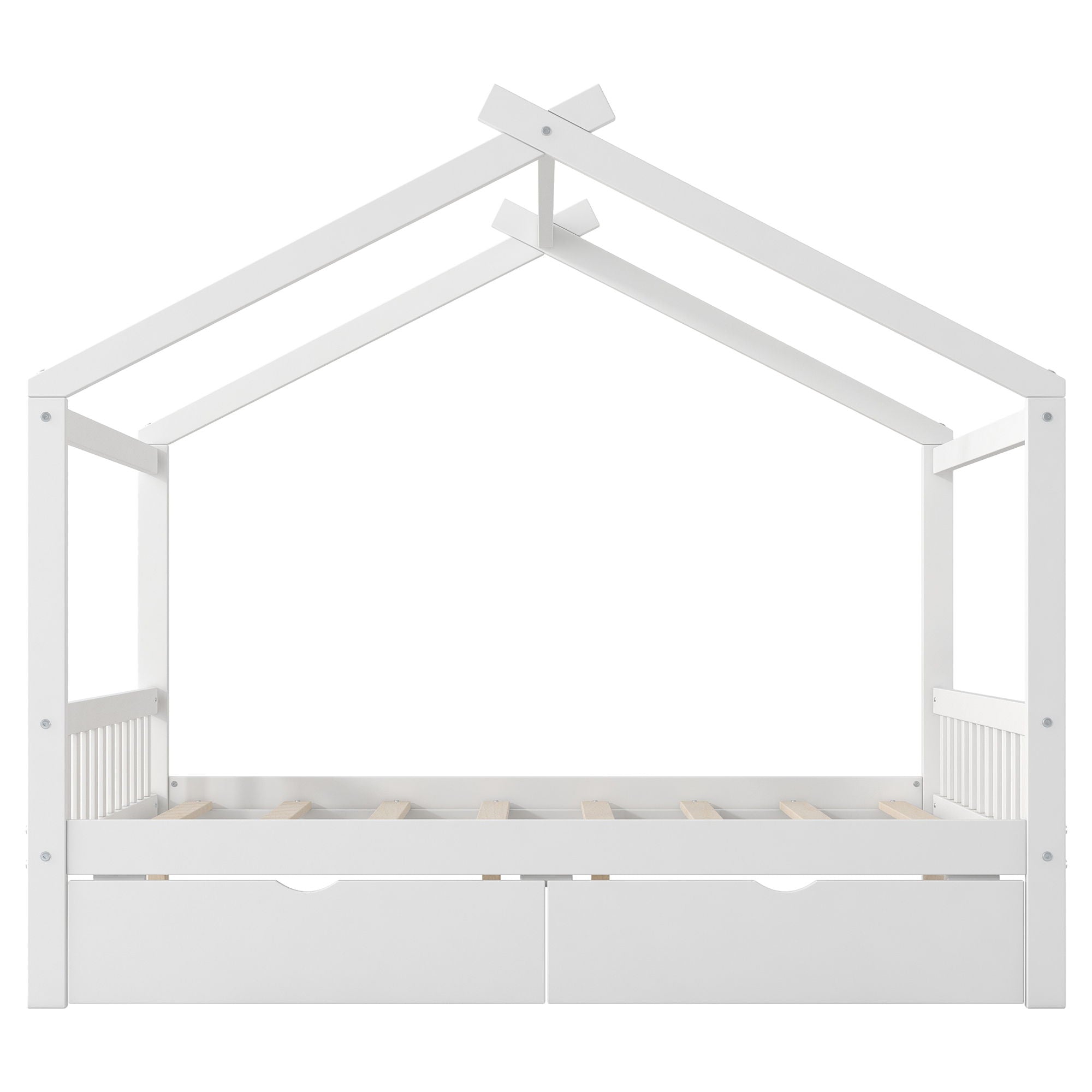 House Style Platform Bed With Headboard, Footboard, 2 Drawers, And Roof Design