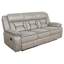 Greer Upholstered Motion Reclining Sofa Brown