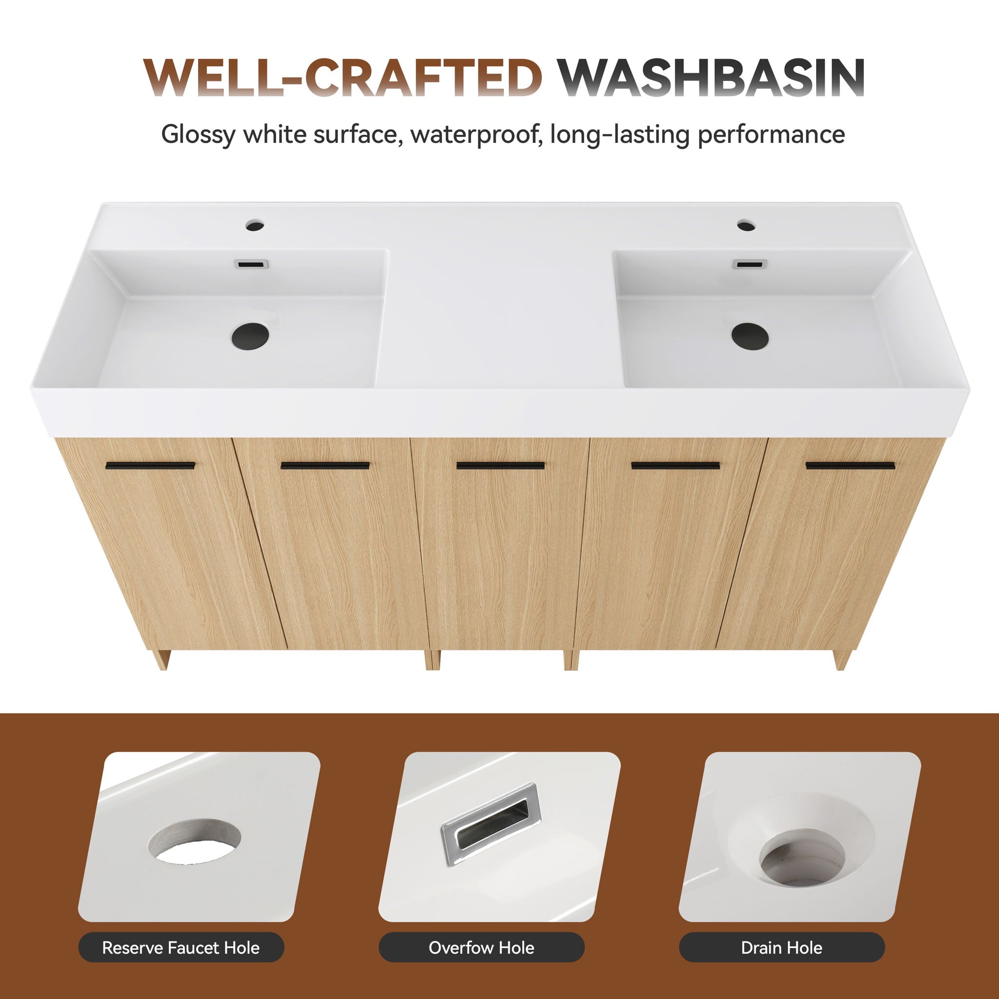 Double Sink Bathroom Vanity Set With Tall Linen Cabinet, Extra Large Storage, Integrated Sink, Freestanding Cabinet - Light Oak / White