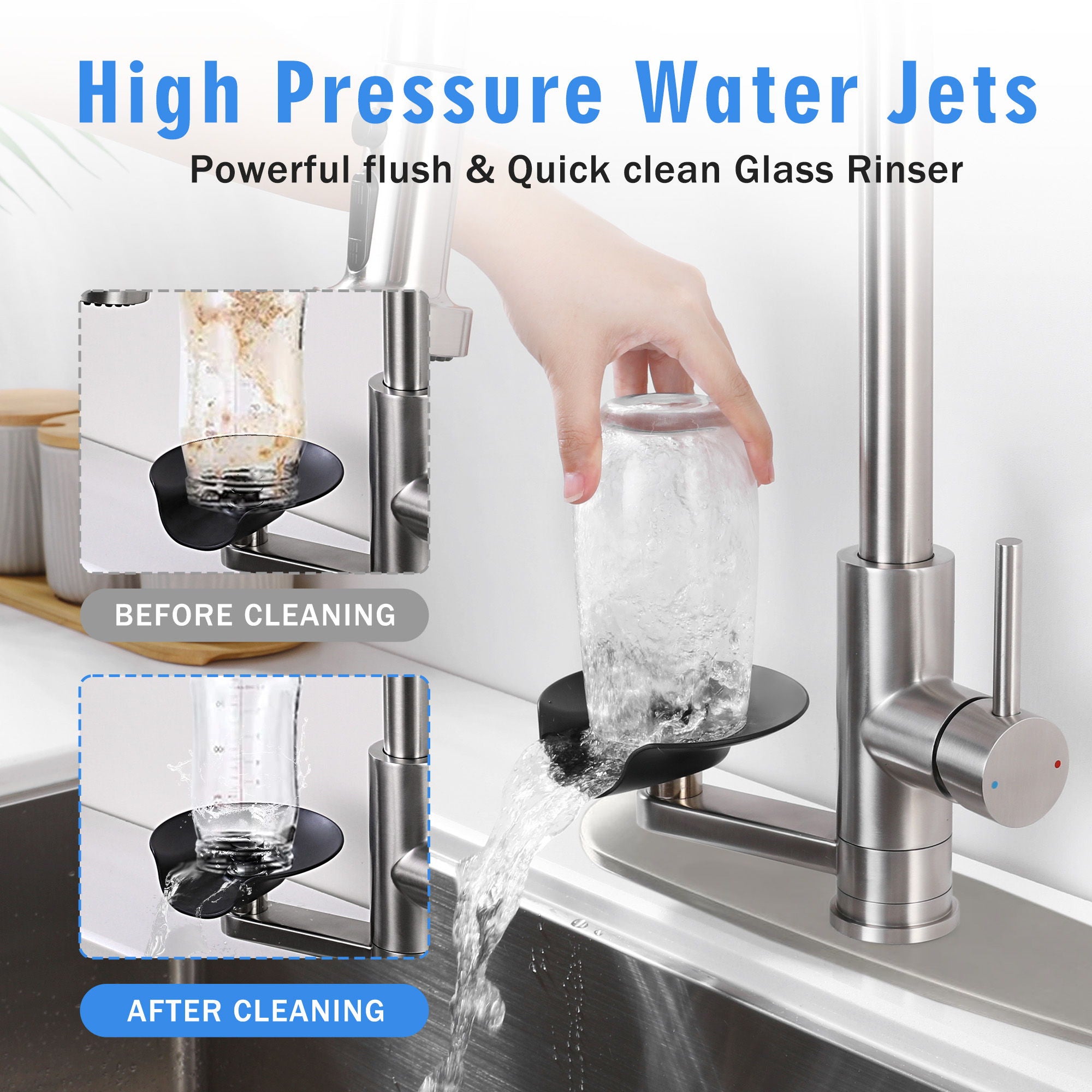 3 In 1 Kitchen Faucet With Press Type Glass Rinser, High Arc Pull Down Sprayer
