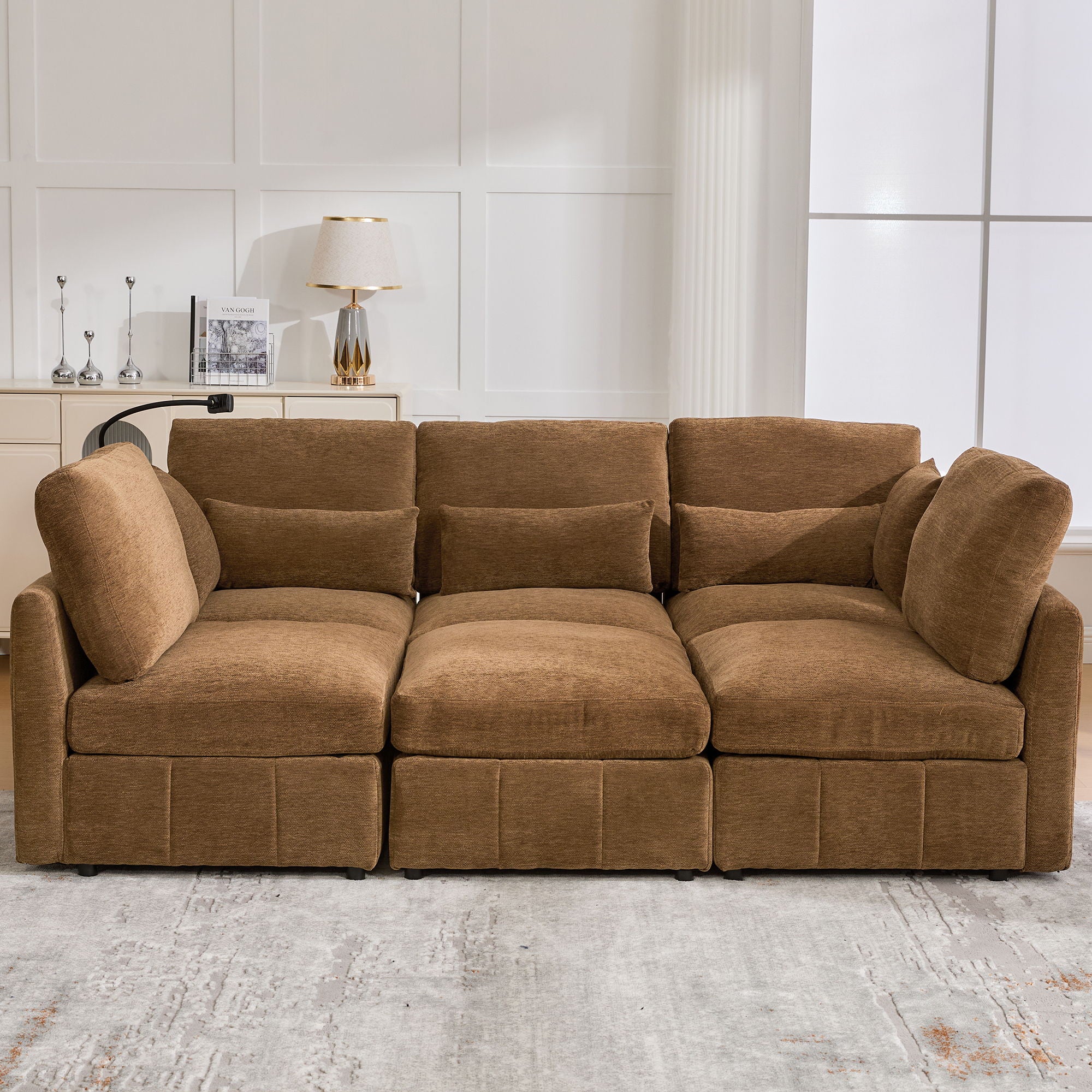 Modern Modular U-Shaped Sofa Bed With Movable Ottoman, USB Ports, Phone Holder