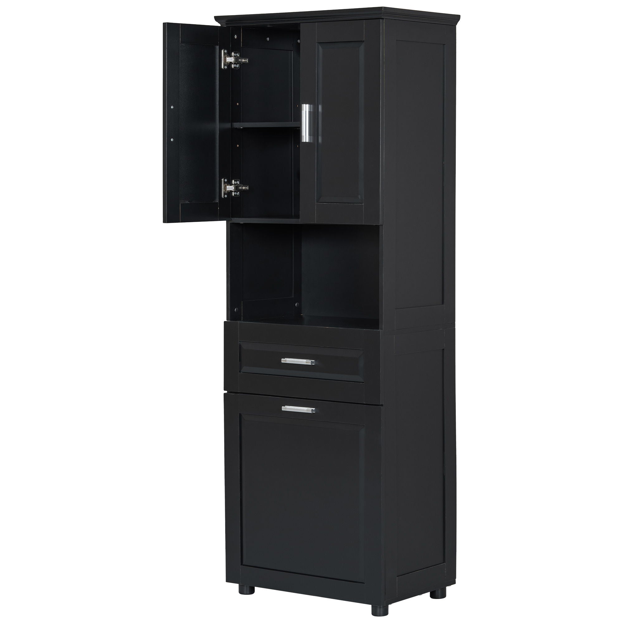 Tall Bathroom Cabinet With Tilt-Out Laundry Basket And Upper Storage