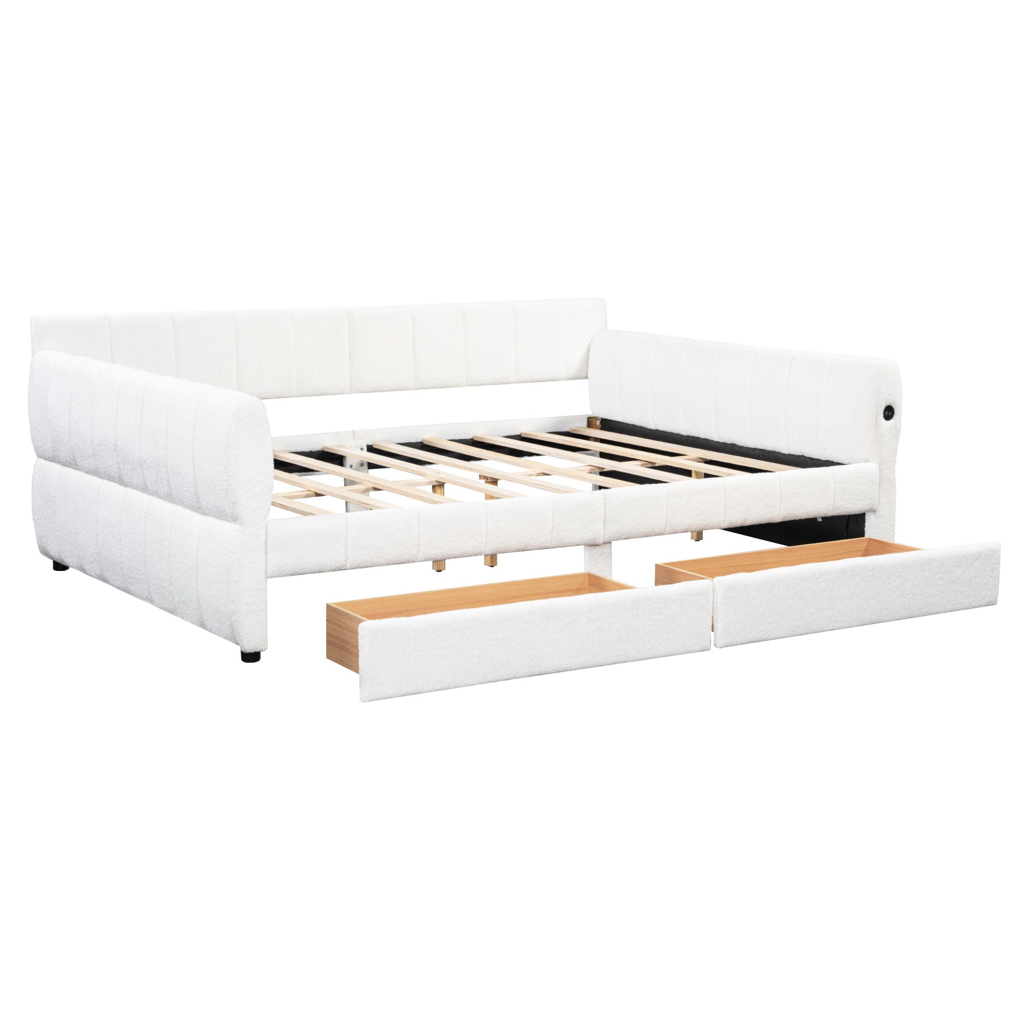 Queen Upholstered Platform Bed With USB Charging And 2 Storage Drawers - White