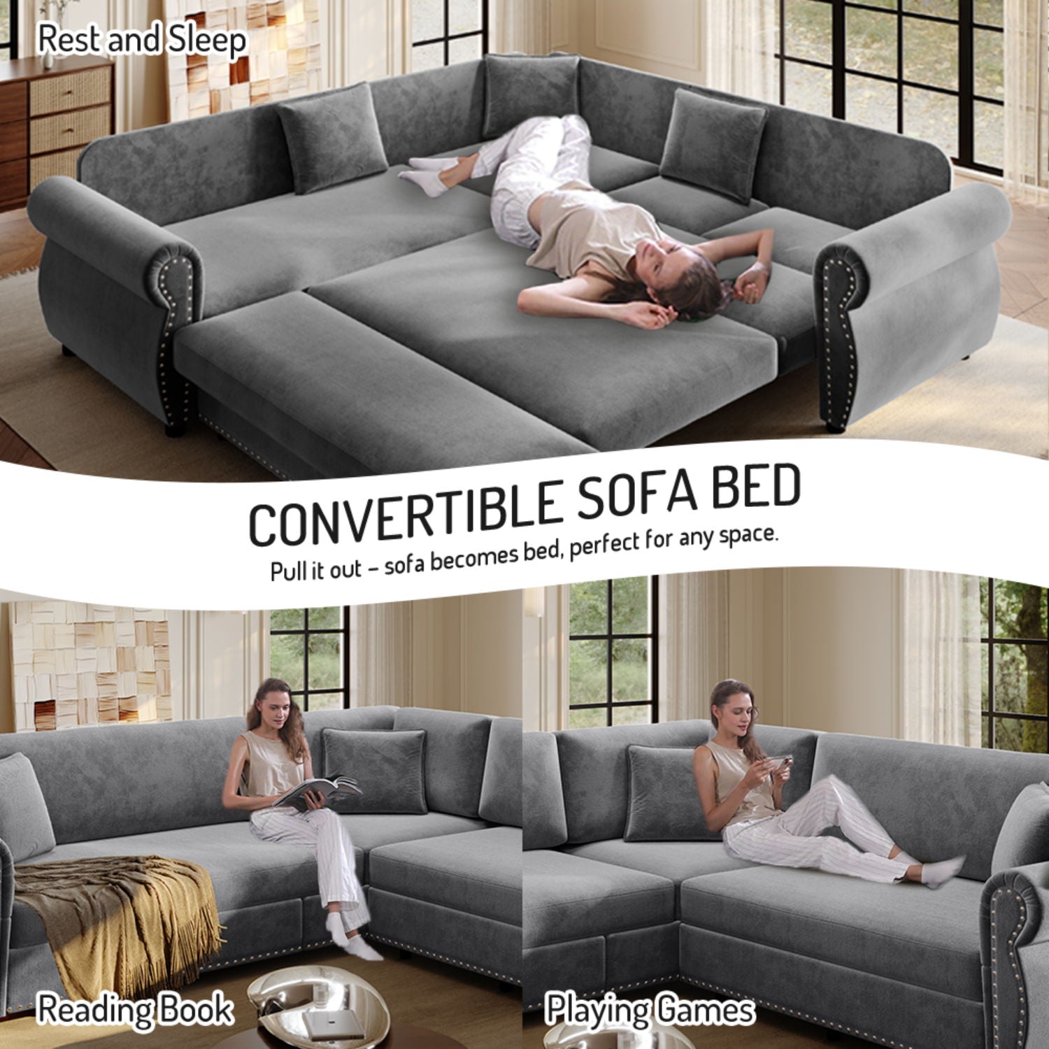 L-Shaped Sofa Couch With Pull-Out Bed