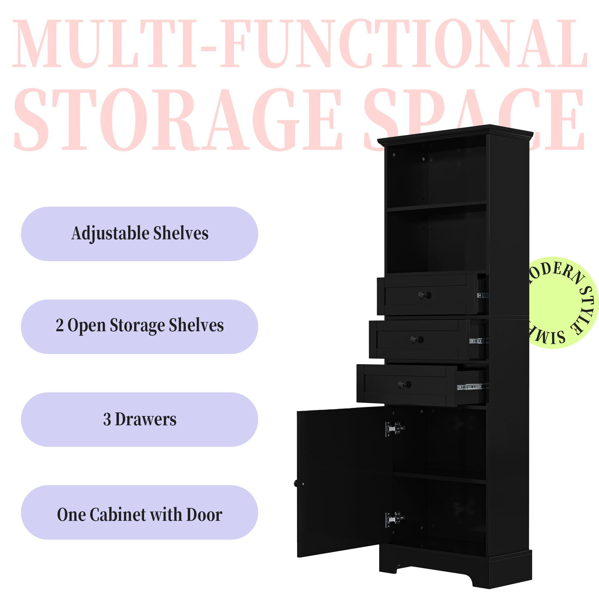 Tall Storage Cabinet With 3 Drawers And Adjustable Shelves For Bathroom