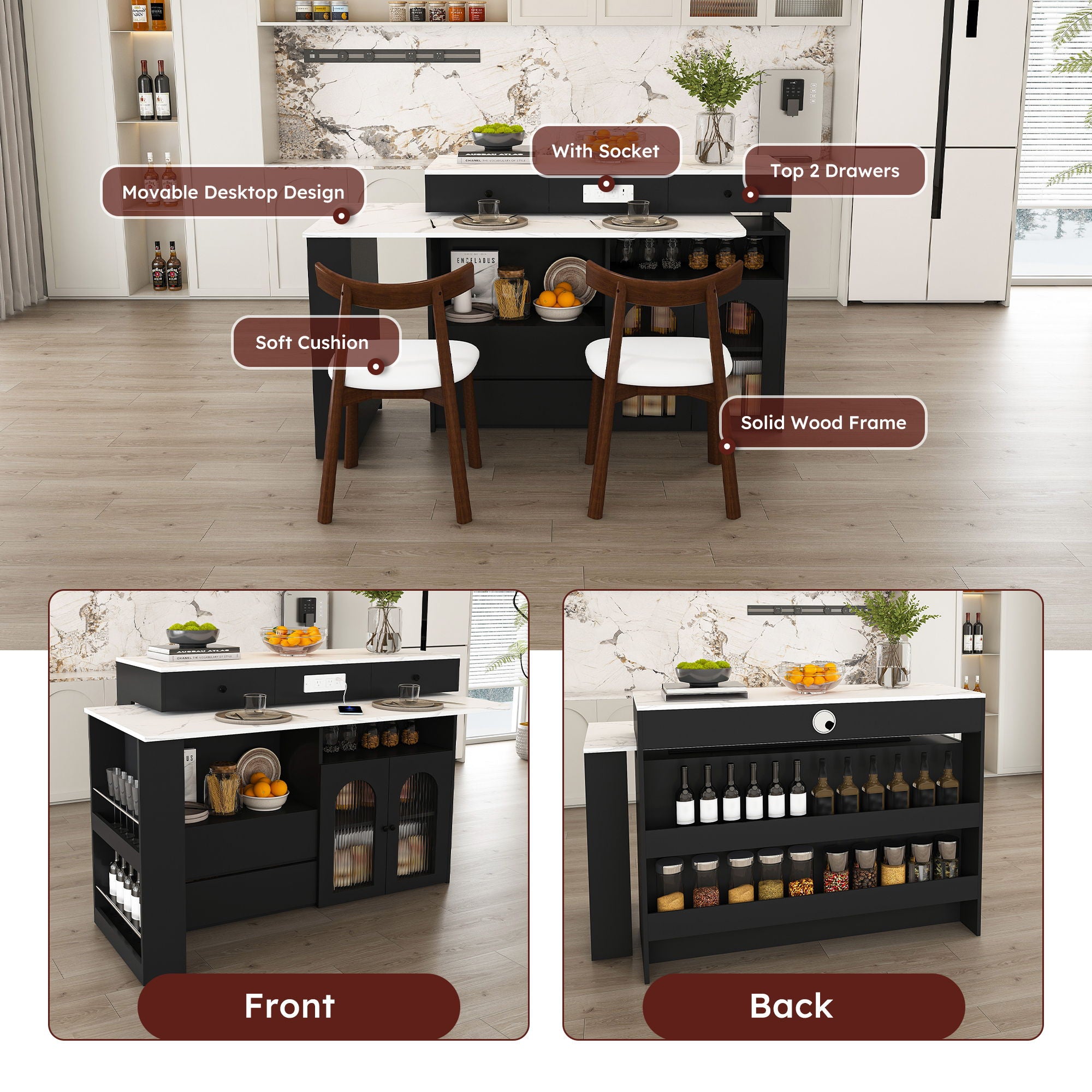 Retro Kitchen Island Set With Chairs, Extendable & Rotating Table, 4 Drawers & Door Cabinets