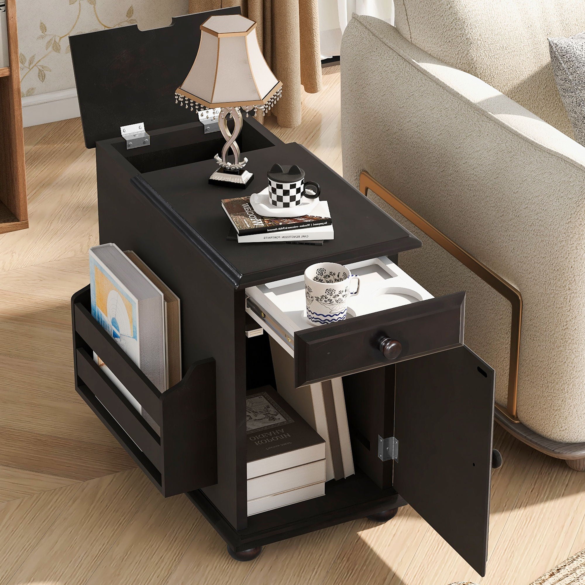 Vintage Flip Top Side Table With USB Ports