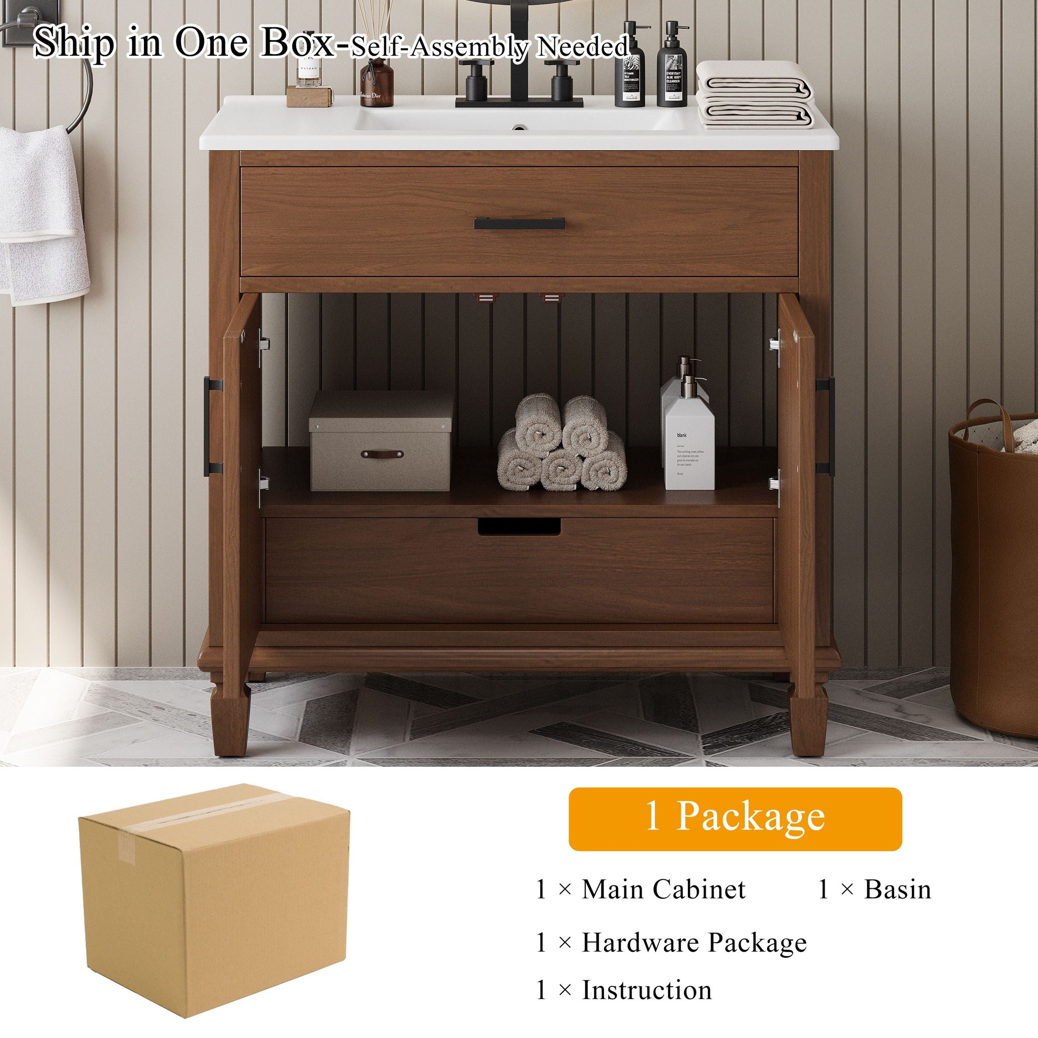 Bathroom Vanity With Ceramic Sink, Modern Free Standing Cabinet With Soft Close Drawers