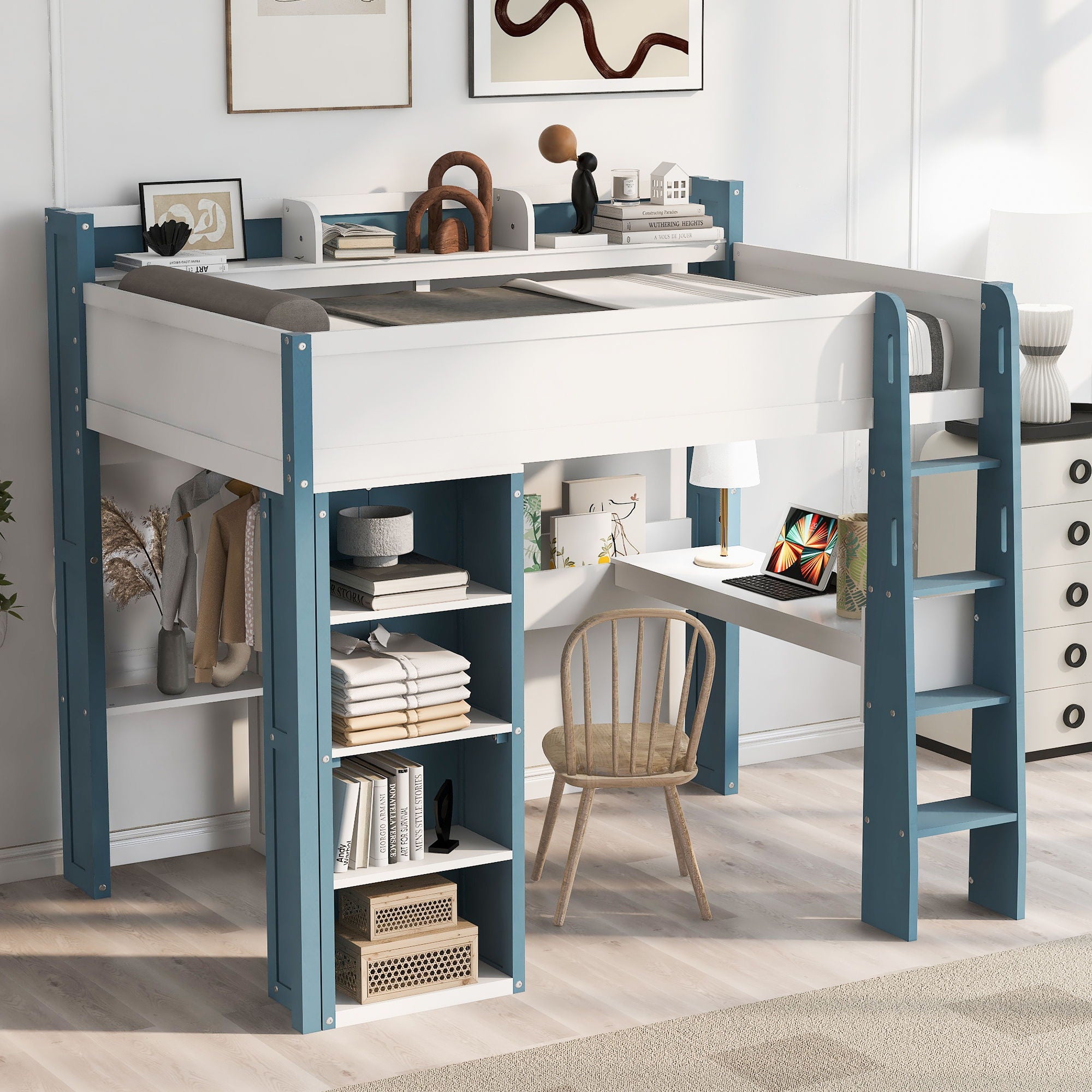 Loft Bed With Built In Storage Shelves, Clothes Rail, And Desk
