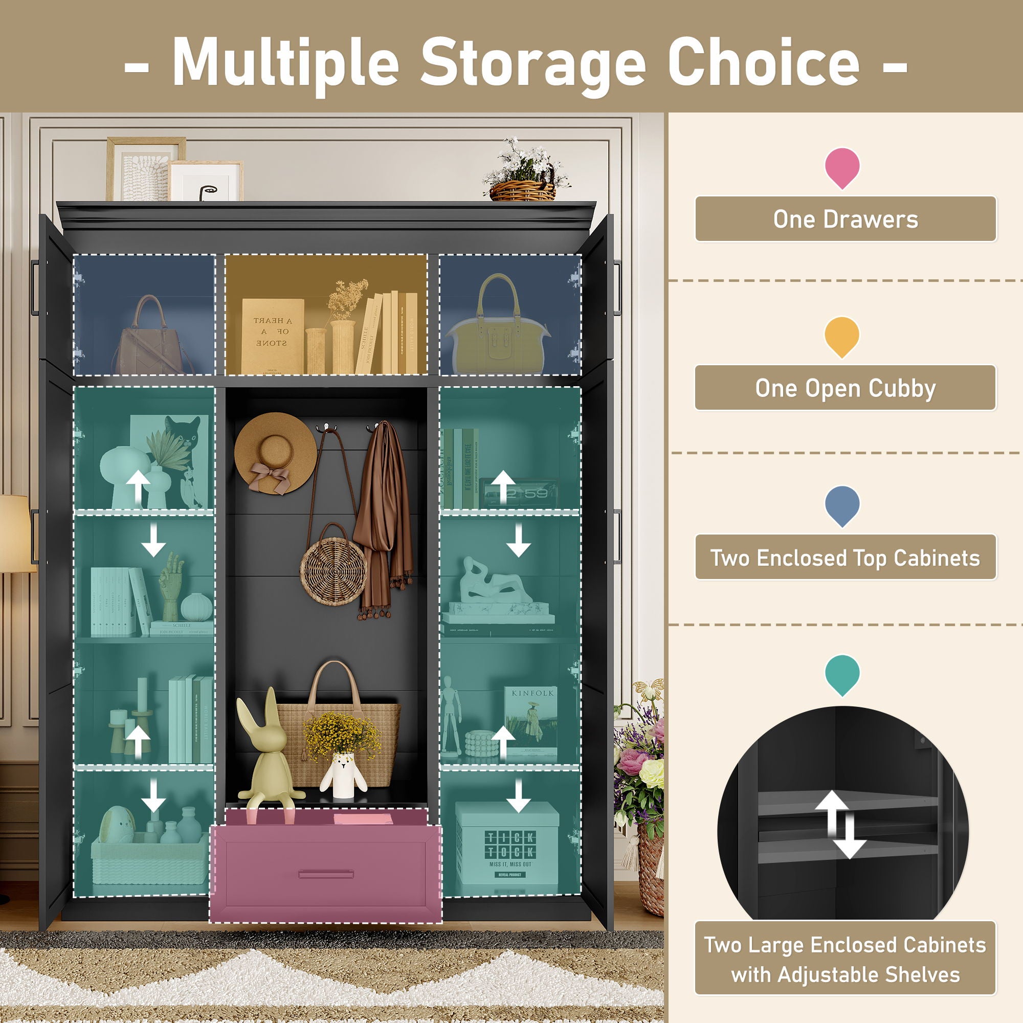 Hall Tree With Bench And 3 Hooks, Modern Entryway Storage Organizer Cabinet With 4 Doors, 1 Drawer And Adjustable Shelves