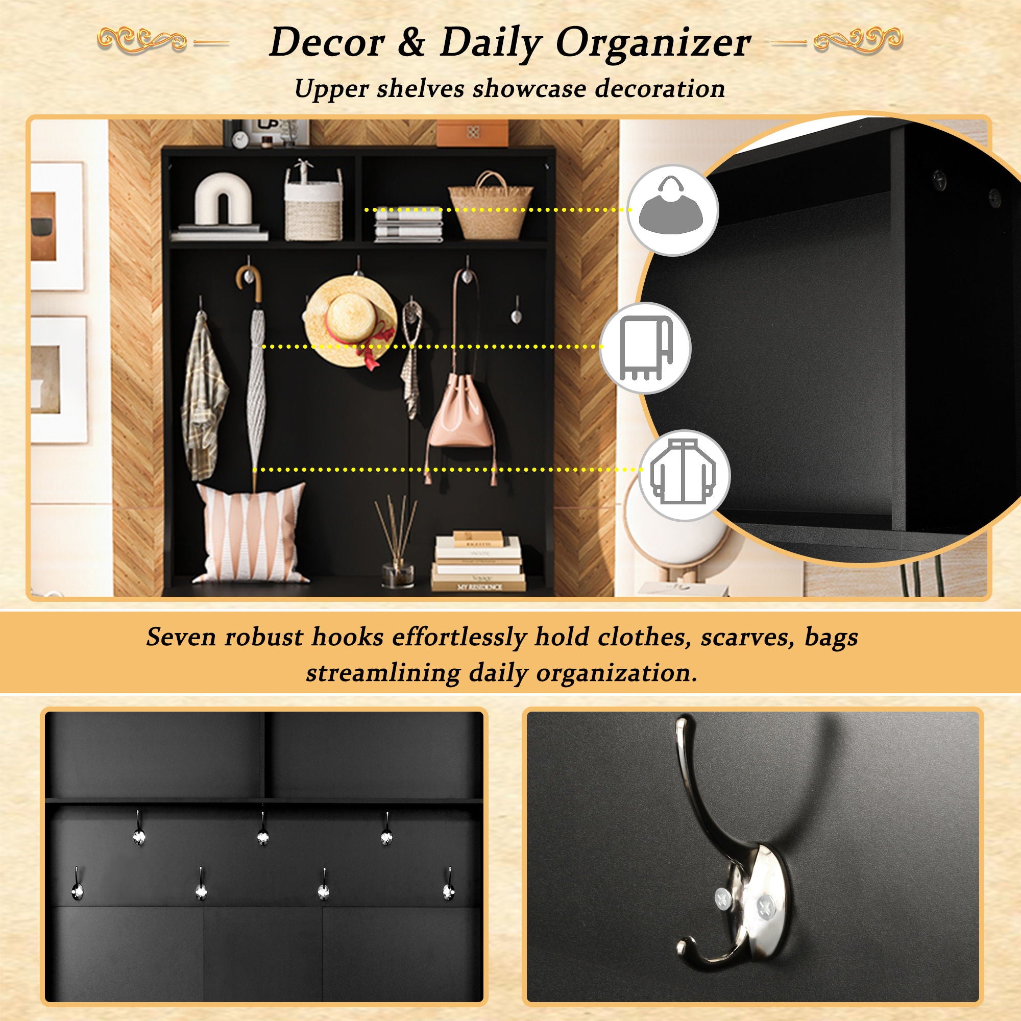 Entryway Bench With Coat Rack, 3 In 1 Design And Adjustable Shelves